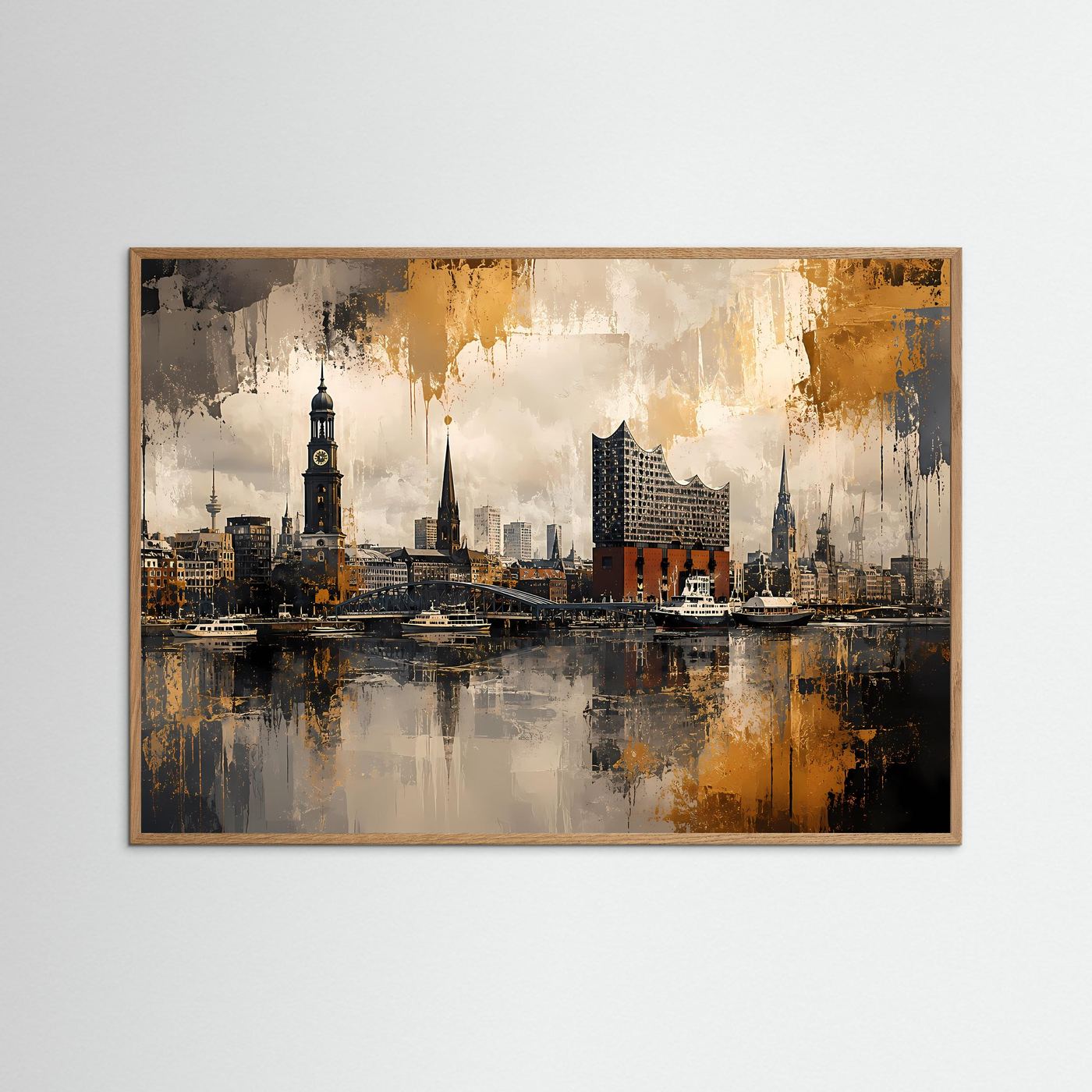 Hamburg Skyline an den Landungsbrücken | Abstraktes Hafen-Poster im Querformat