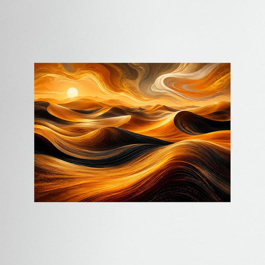 Wüstenlandschafts-Poster mit abstrakten goldenen Sanddünen und rundem Sonnenmotiv