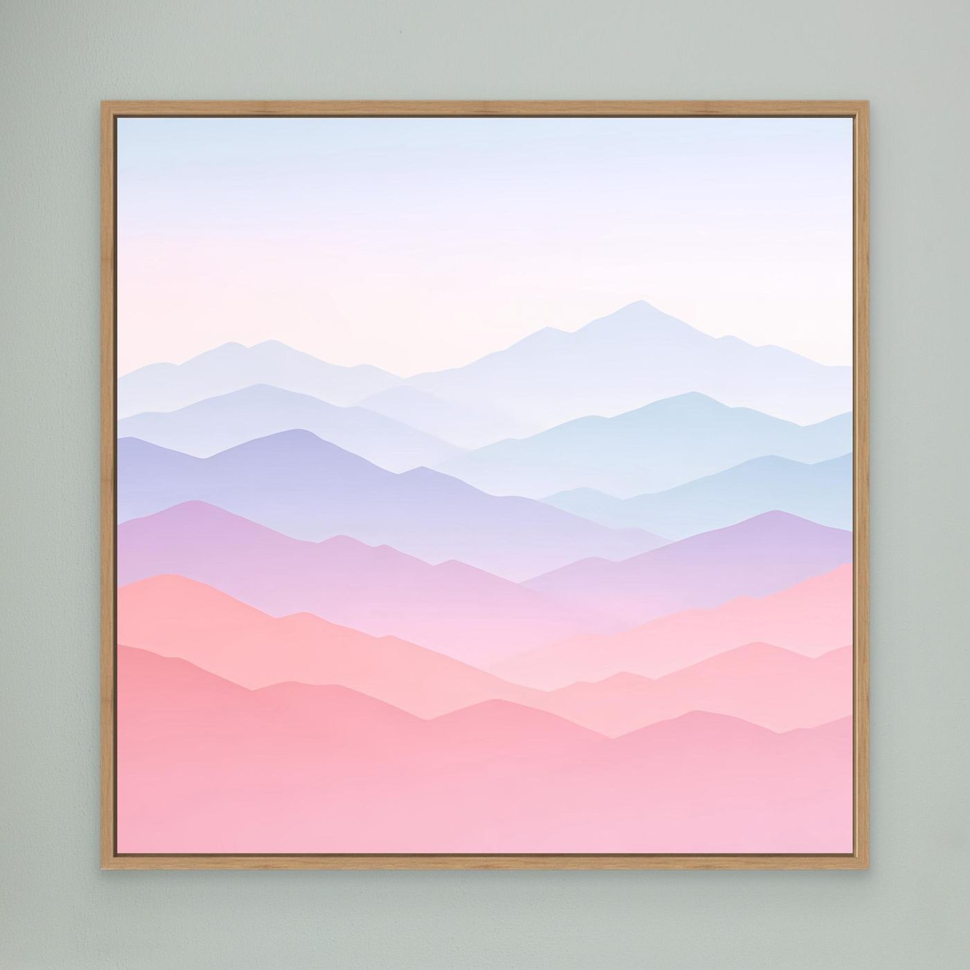 Leinwandbild Berglandschaft Pastellrosa und Blau mit hellem Eichenrahmen