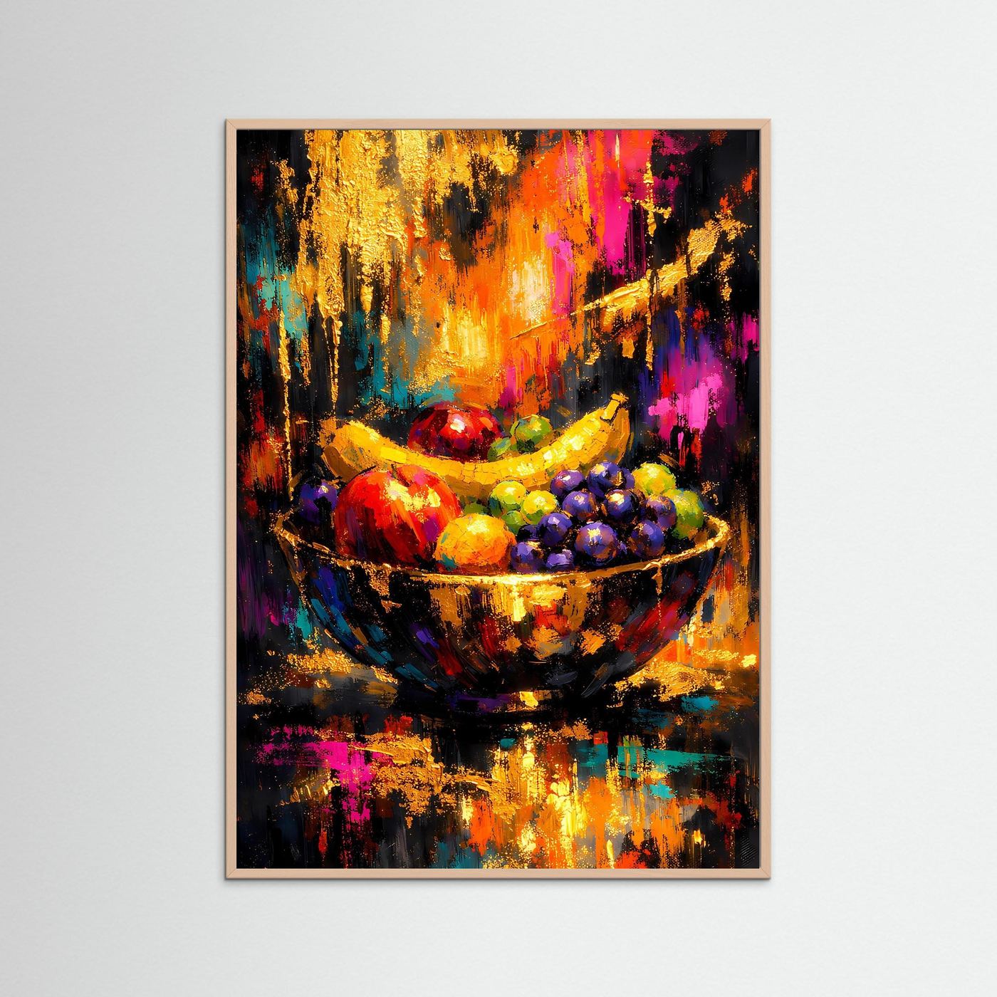 Abstraktes Stillleben-Poster: Obstschale mit bunten Früchten, heller Holzrahmen