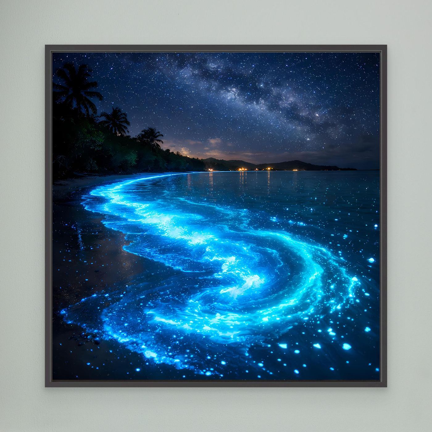 Leinwandbild mit leuchtender Meeresbucht, türkisblauer Lichtspur und Sternenhimmel, schwarz gerahmt