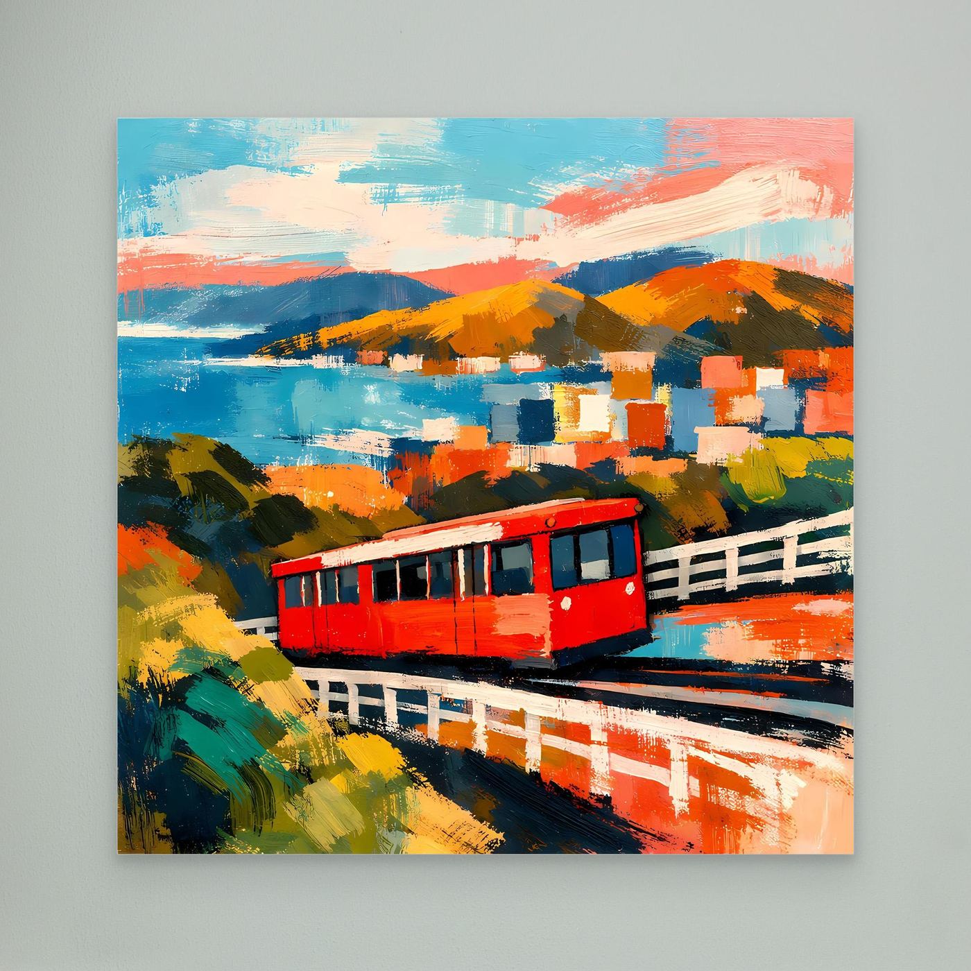 Leinwand-Wandbild: rote Seilbahn über Meer und bunten Hügeln, abstraktes City-Motiv