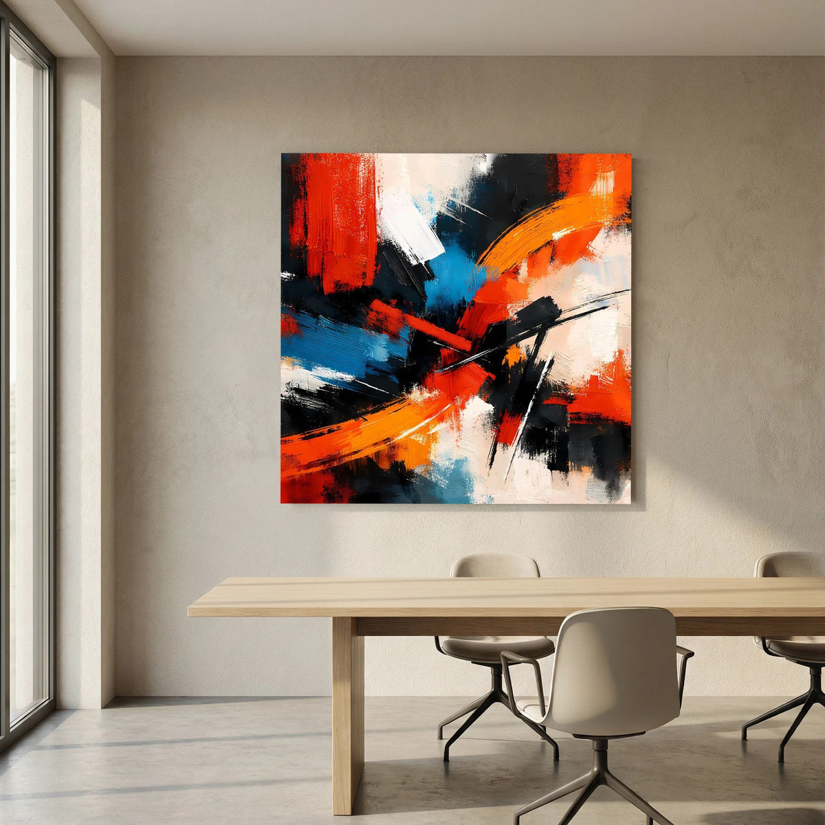 Abstraktes Leinwandbild auf Holzkeilrahmen mit roten, blauen und orangefarbenen Pinselspuren