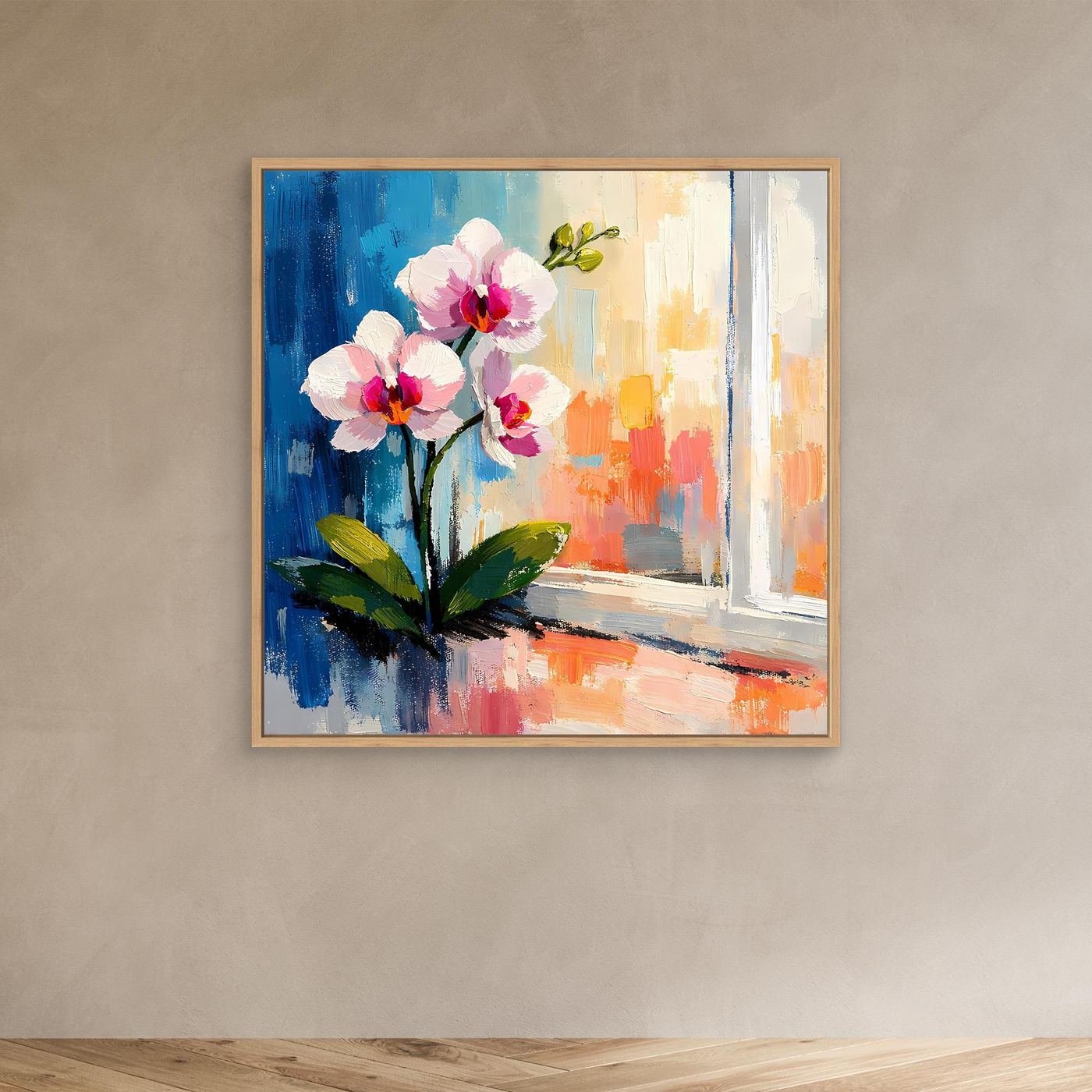 Wandbild mit abstrakter Orchidee im Fenstermotiv, in beigem Rahmen