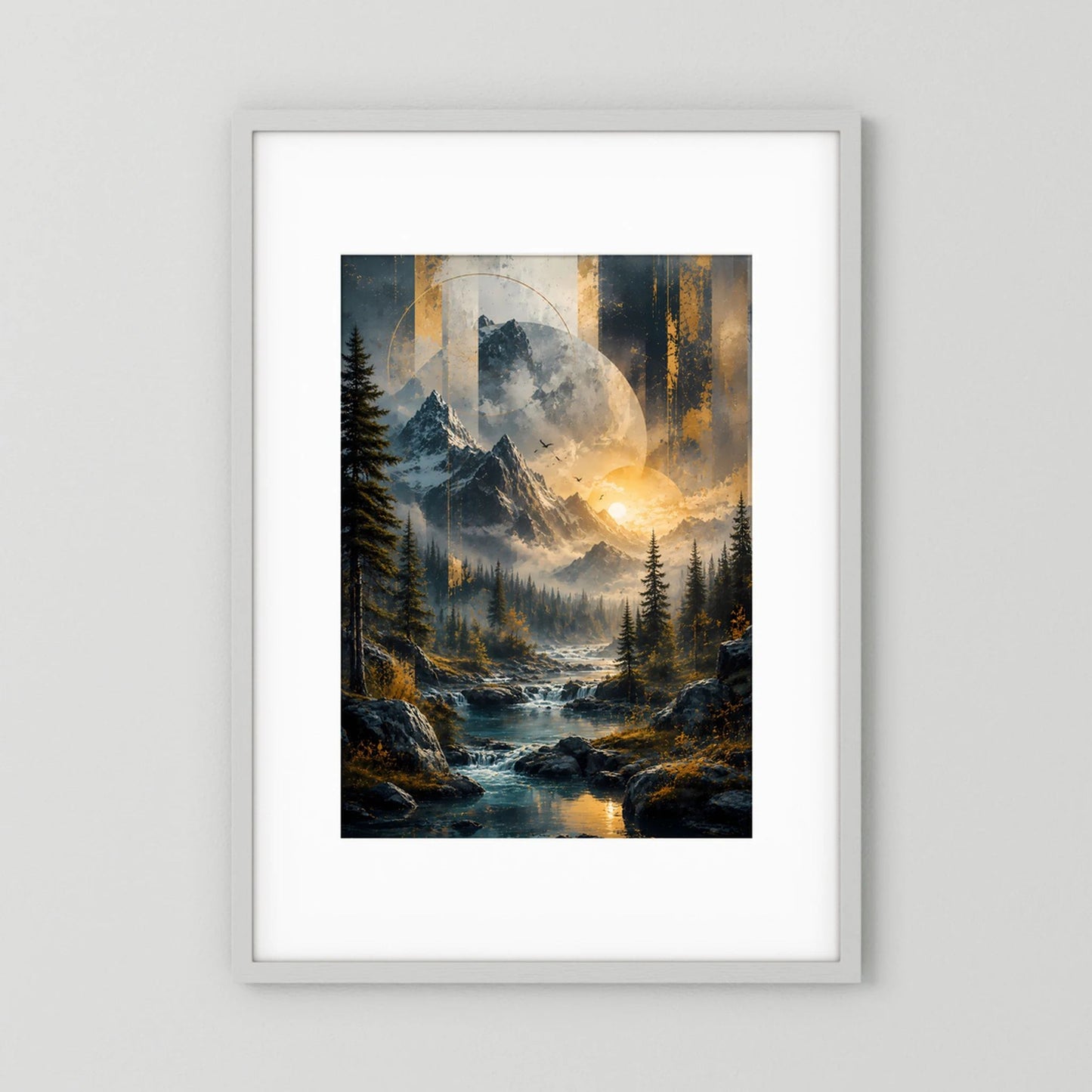 Gerahmtes Poster mit Berglandschaft, Fluss und goldener Sonne im Hochformat