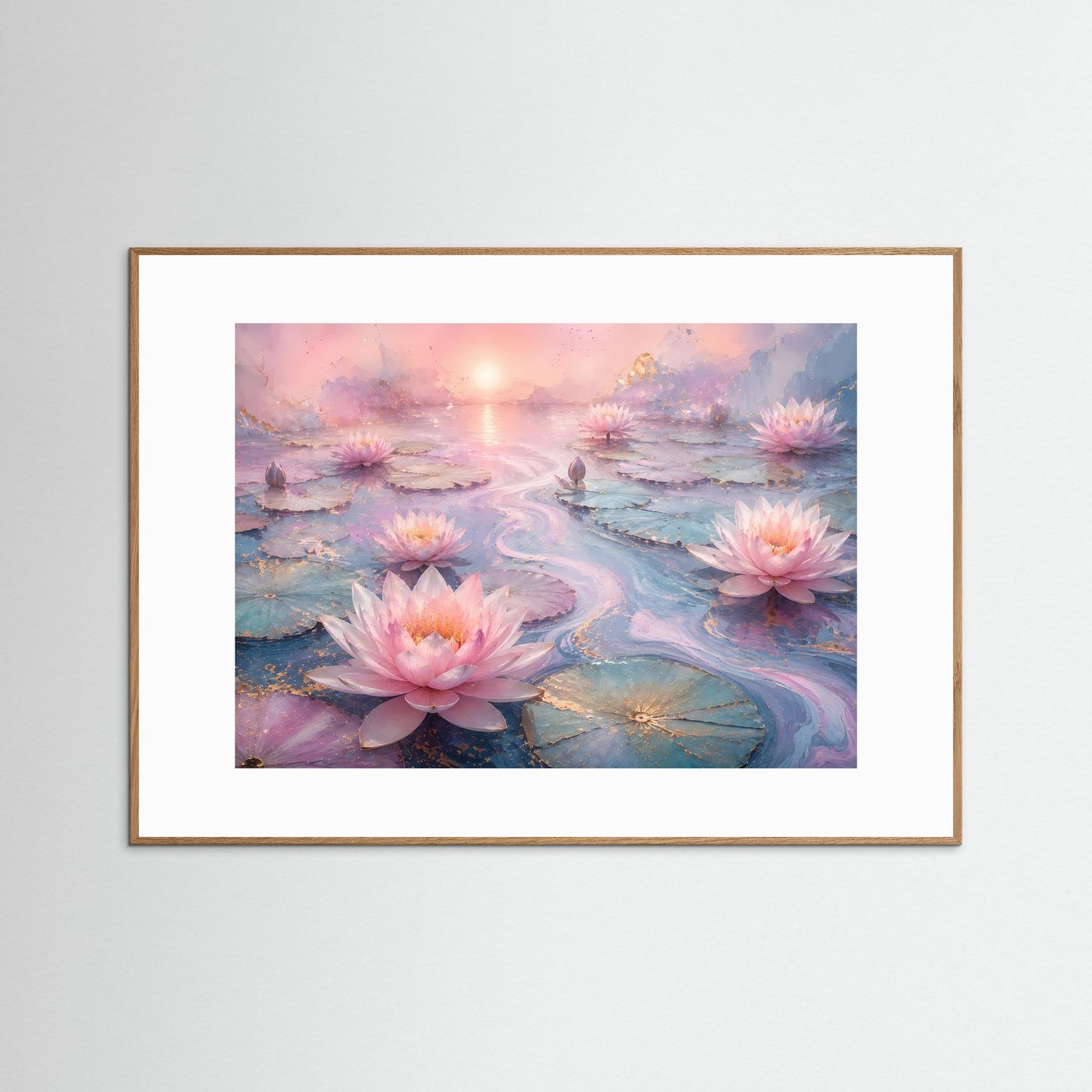 Lotusblüten Poster Querformat | Rosa Seerosen auf Wasser | Elegante Zen Wandkunst in Pastell