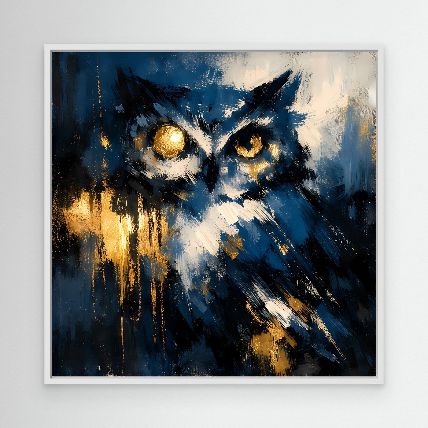Leinwand-Wandbild mit abstrakter Eule in Blau und Gold, mit weißem Rahmen