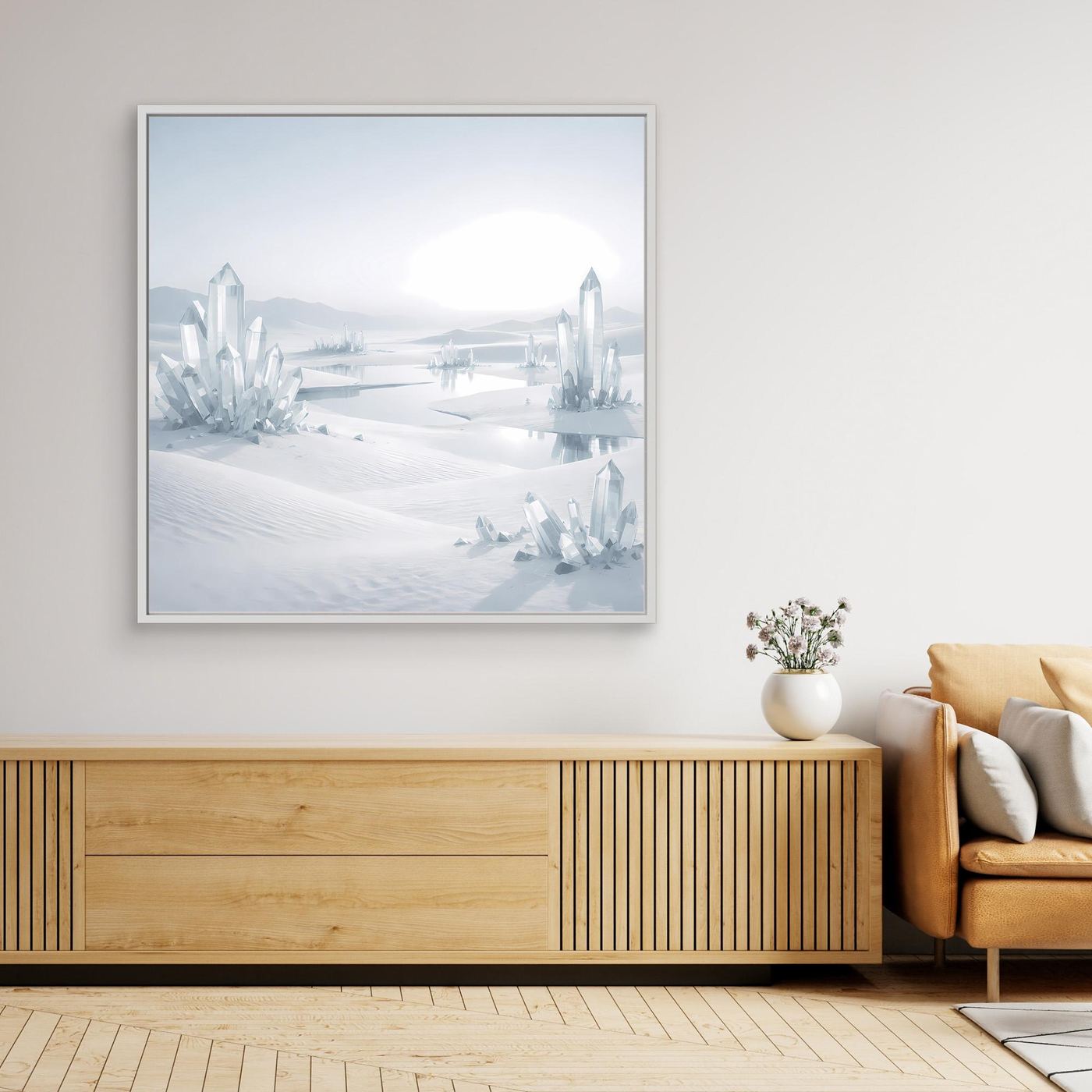 Leinwandbild Kristall-Landschaft mit weißem Rahmen, Eisberge im Winter