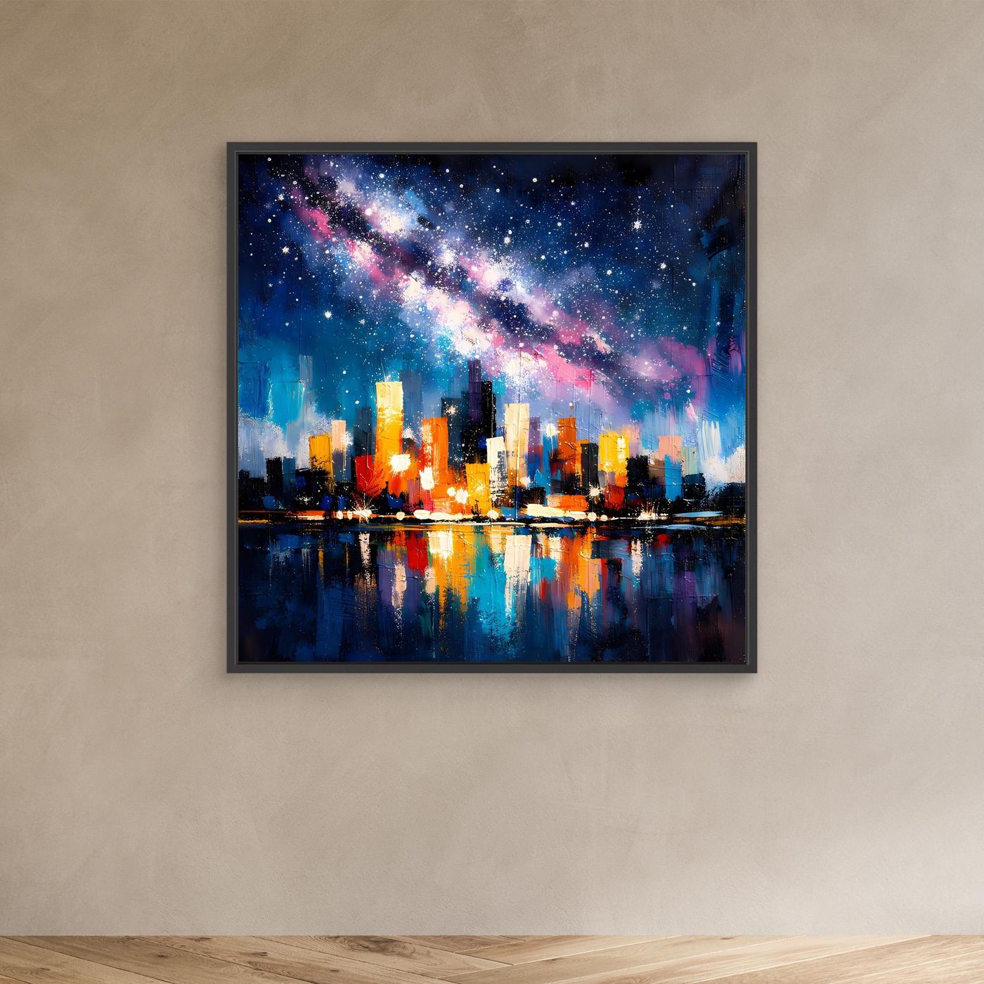 Black-framed starry city skyline wall canvas art with glowing towers and milky way glow