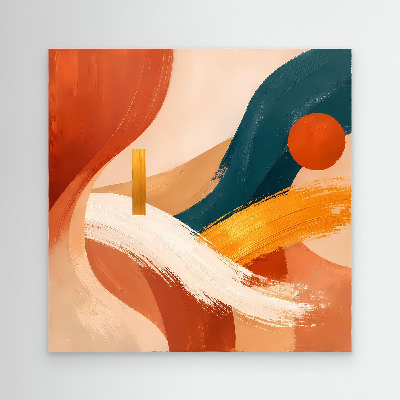Abstraktes Boho-Wandbild auf Leinwand mit Terrakotta-, Petrol- und Orangetönen