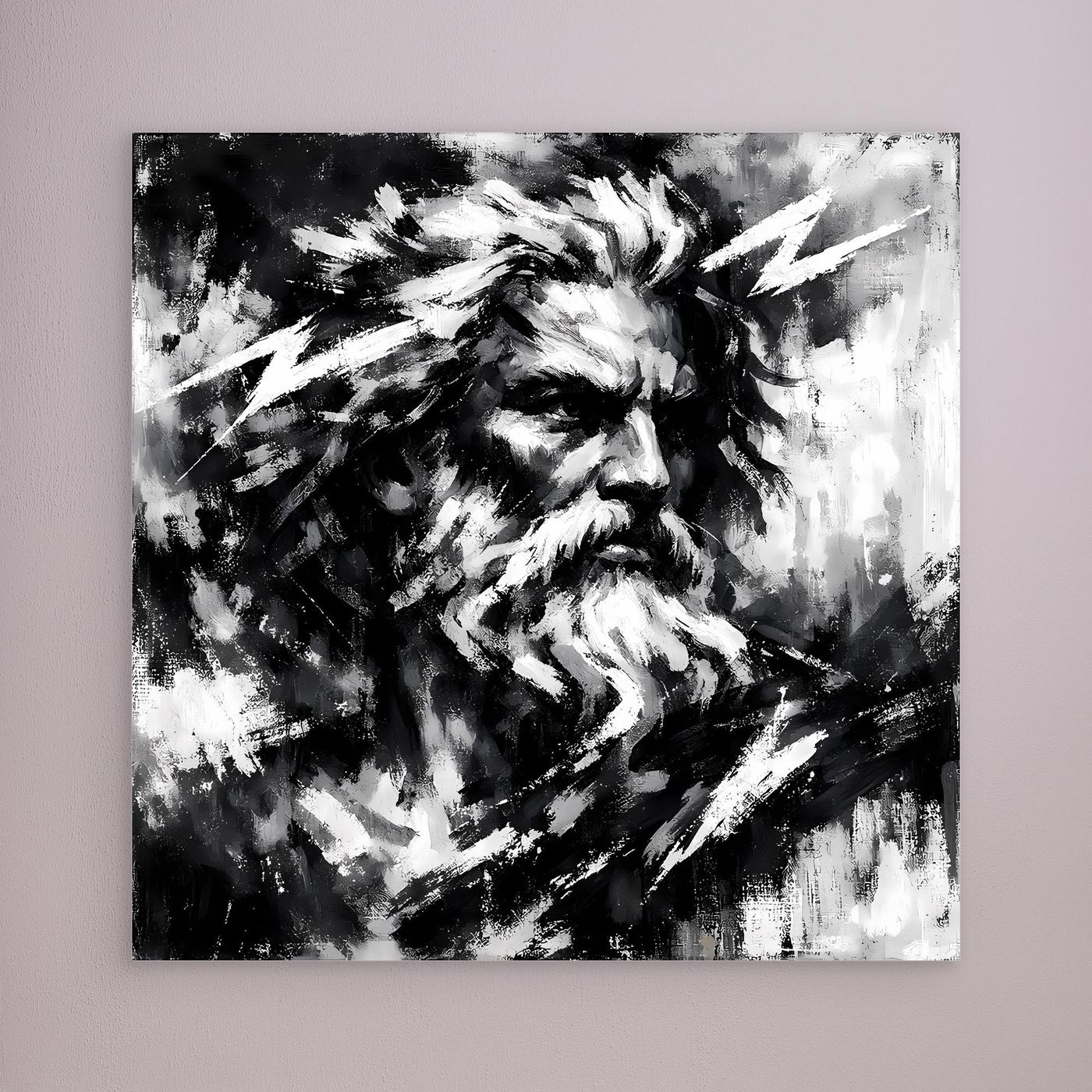 Square black-and-white abstract portrait wall art with bearded face and bold brush strokes