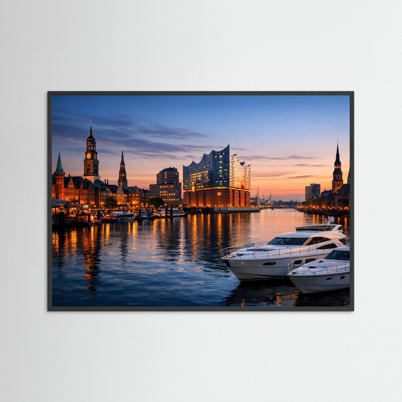 Hamburg-Stadtpanorama-Poster mit Elbphilharmonie bei Dämmerung, schwarzer Rahmen, Querformat
