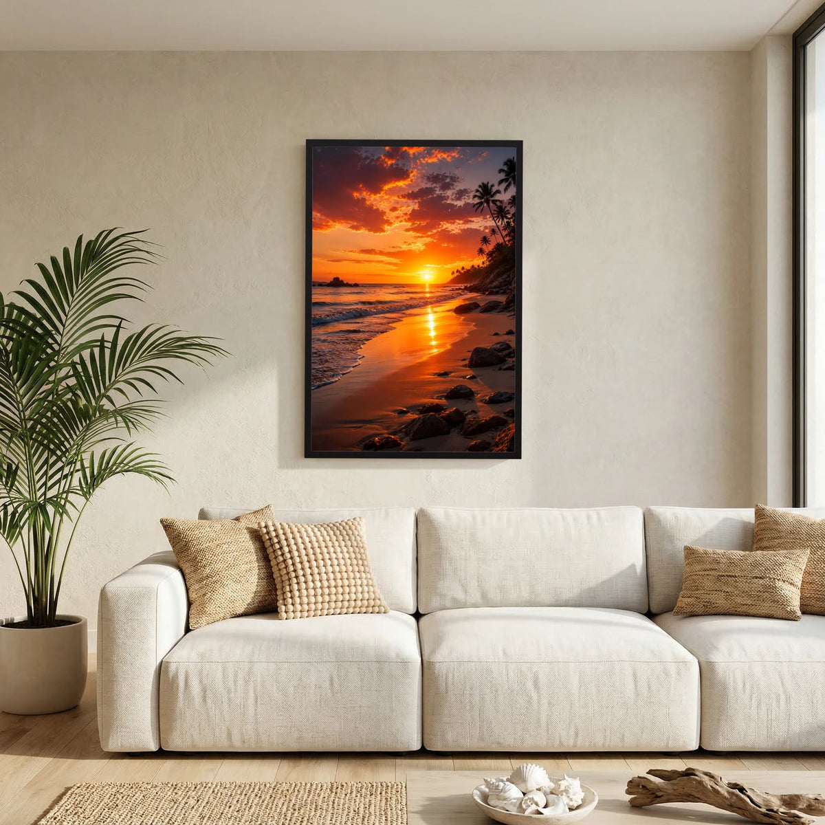 Hochformatiges Poster mit Strand und Palmen im Sonnenuntergang, schwarzer Rahmen