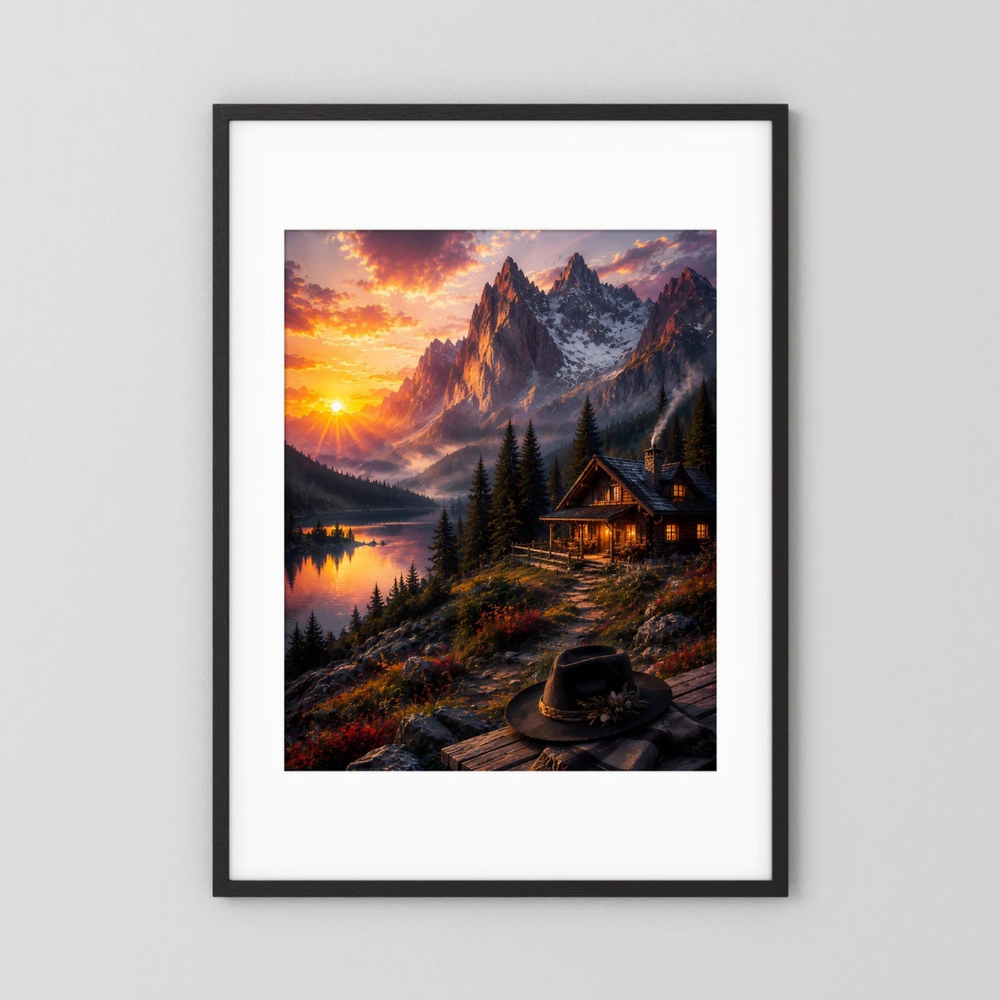 Poster mit Alpenlandschaft bei Sonnenuntergang, Berge, See und Hütte im schwarzen Rahmen