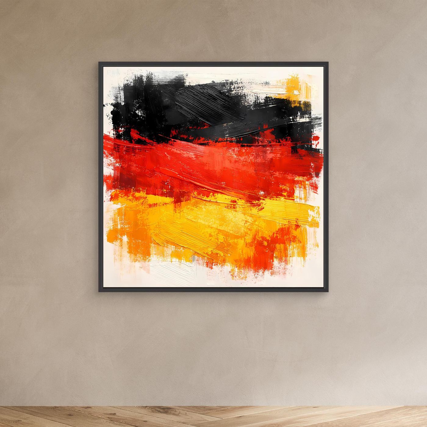 Abstract Germany flag wall art in a dark frame with red and yellow paint layers