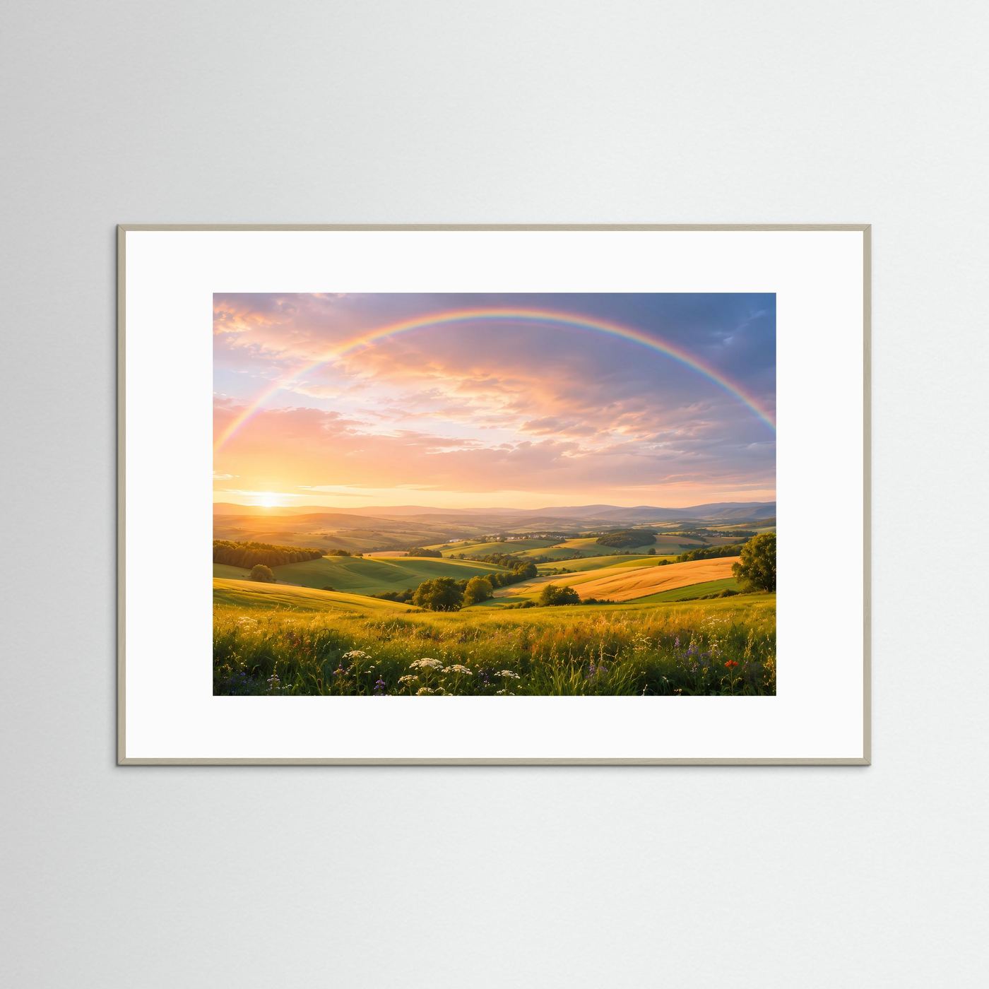 Gerahmtes Poster Querformat mit Regenbogen über Landschaft bei Sonnenuntergang im grauen Rahmen