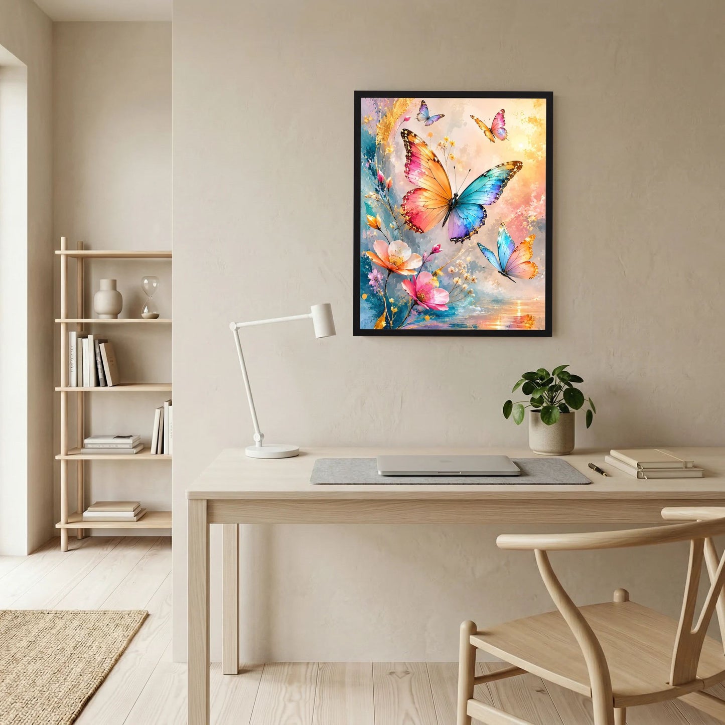 Hochformatiges Schmetterlings-Poster mit Blumen in Pastellfarben und Goldakzenten, im schwarzen Rahmen