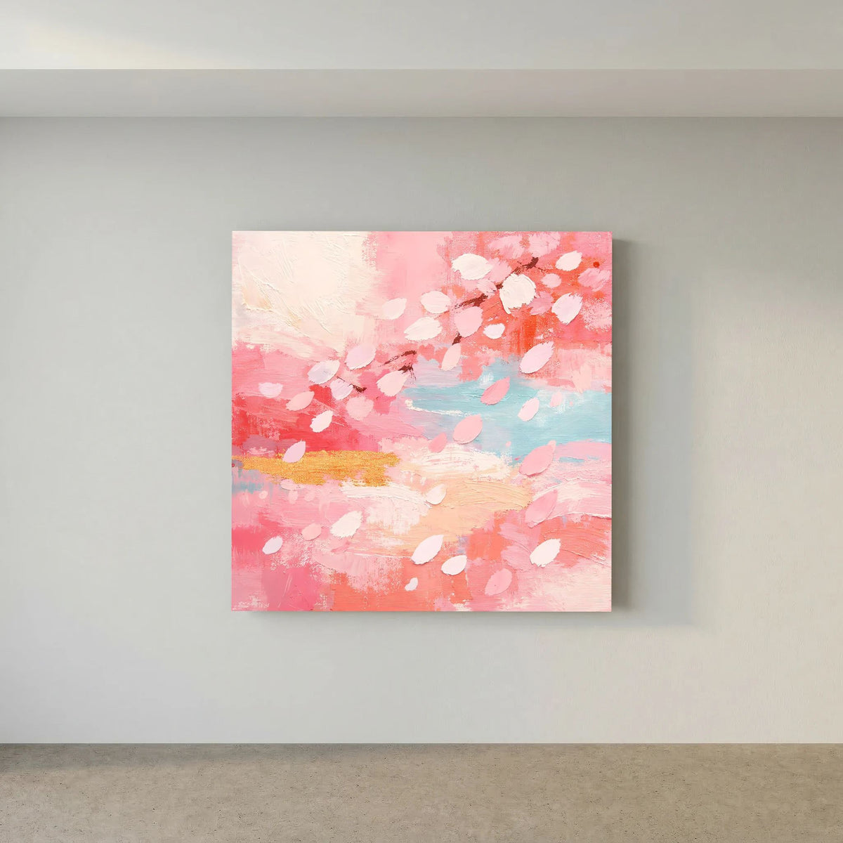 Quadratisches Leinwandbild mit Kirschblüten-Motiven aus Farbflächen in Rosa, Weiß und Hellblau