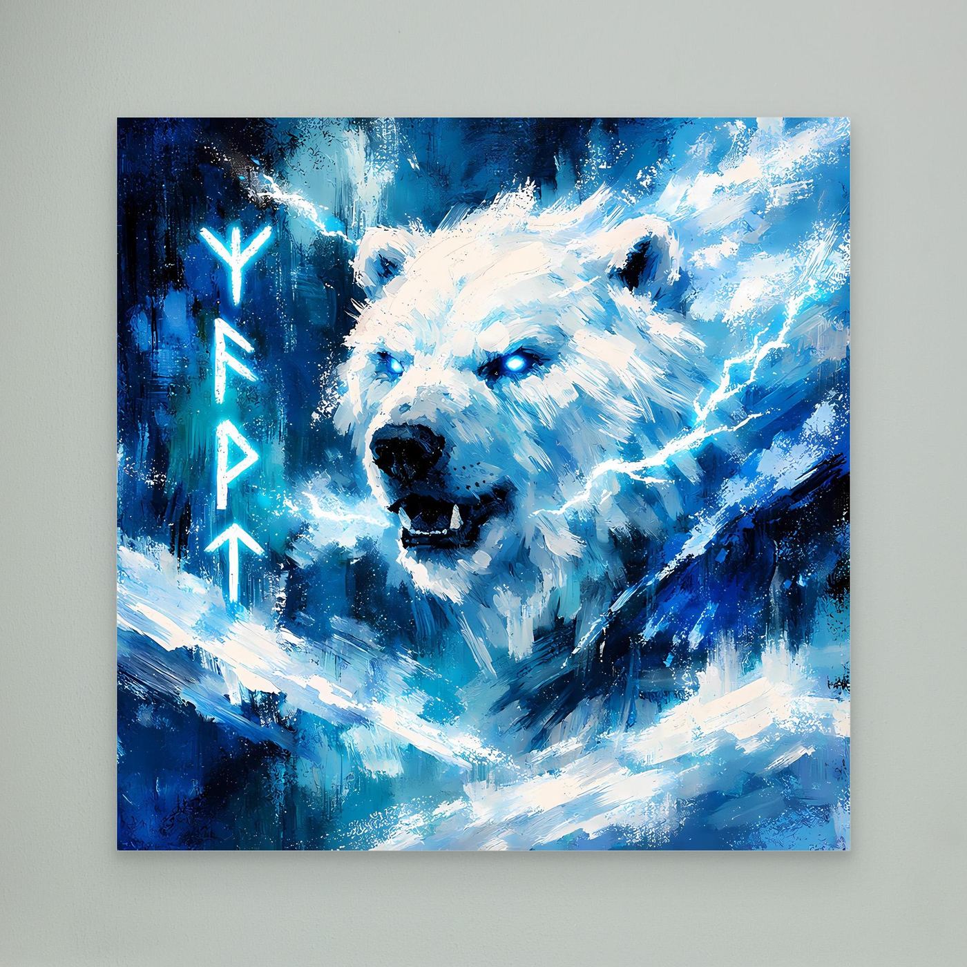 Leinwand-Wandbild: Eisbär in Blau mit Runen und Nordlicht-Lichtstreifen
