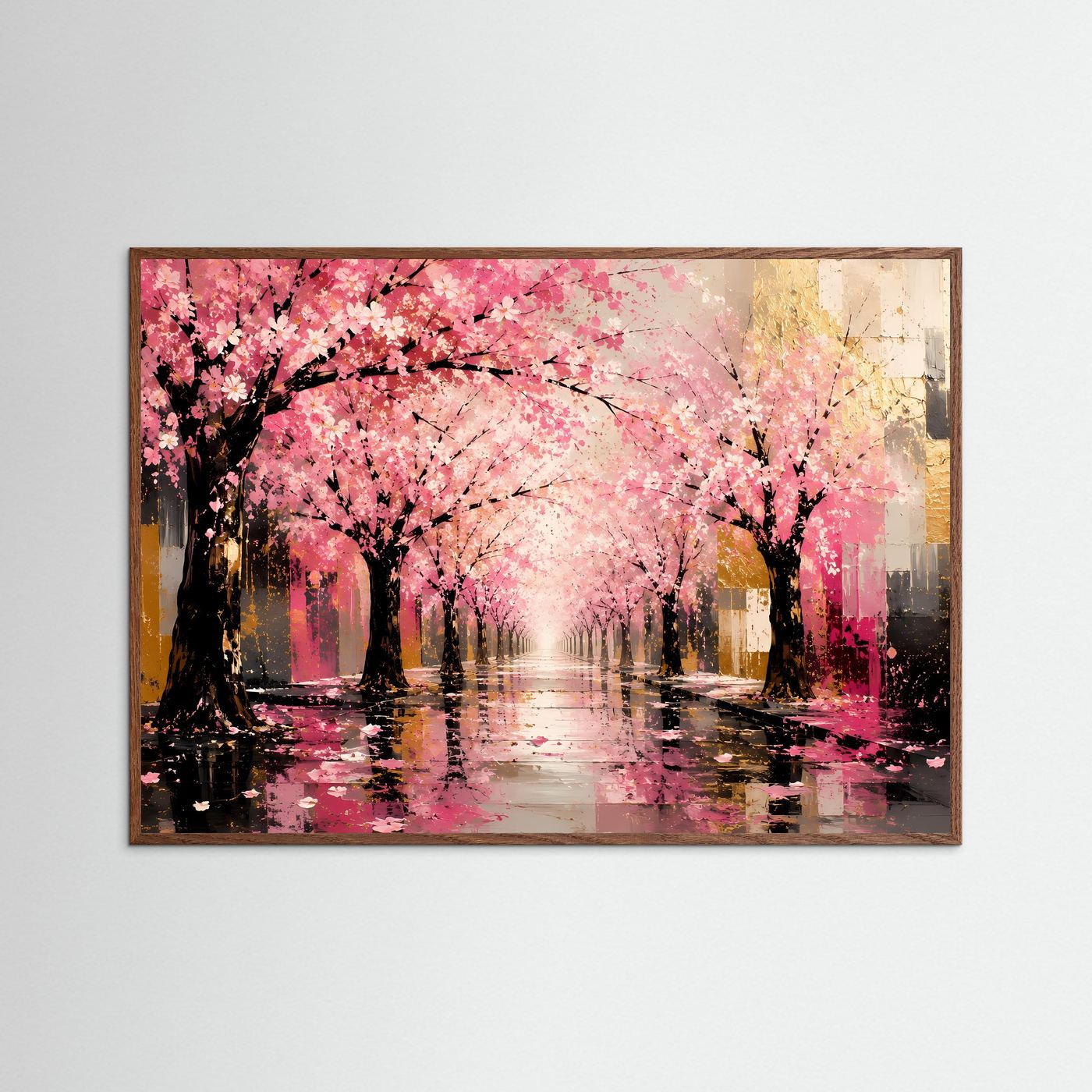 Rosa Kirschblütenallee in Gold | Abstrakte Frühlingslandschaft