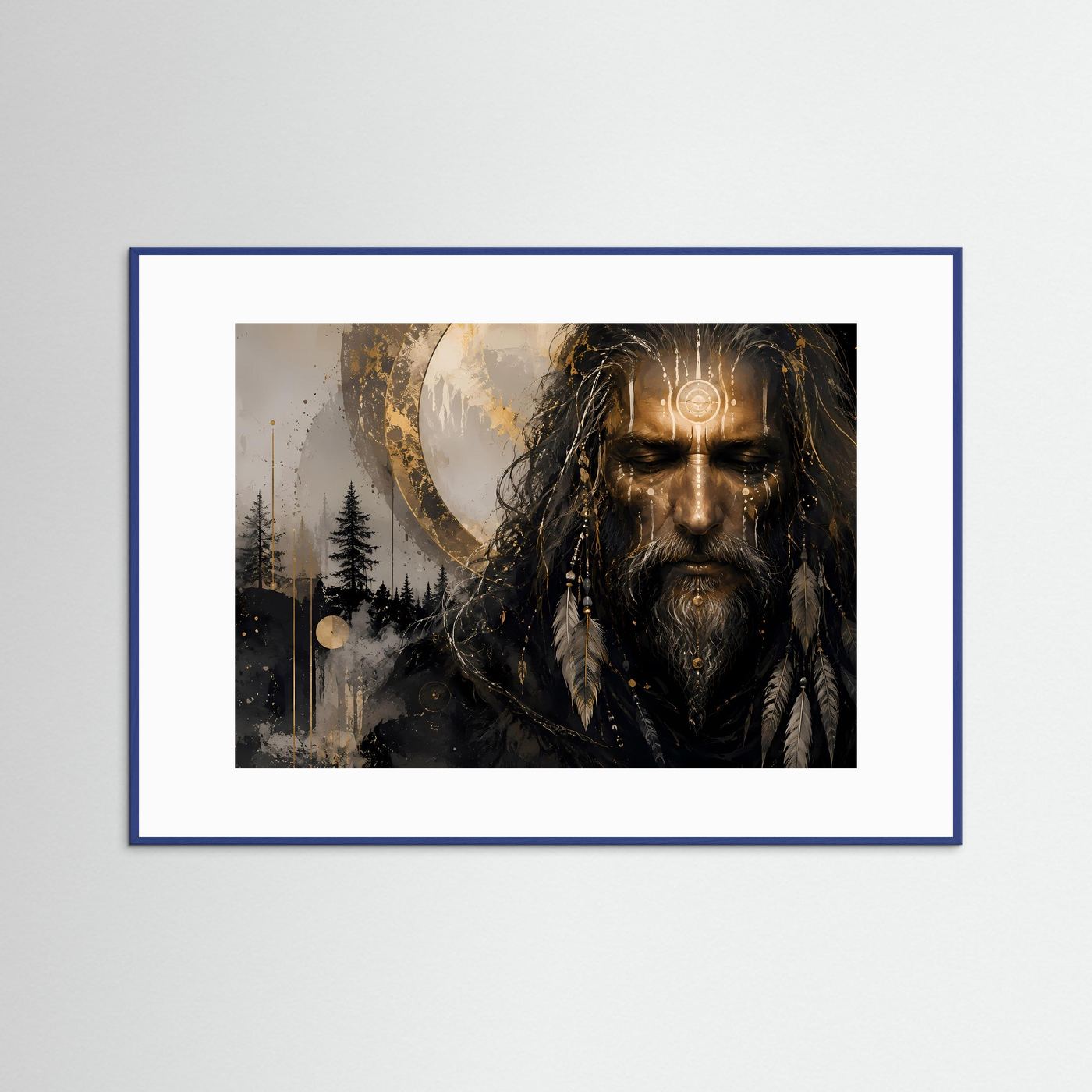 Mystischer Schamane in Gold & Schwarz | Modernes Spirituelles Porträt Poster