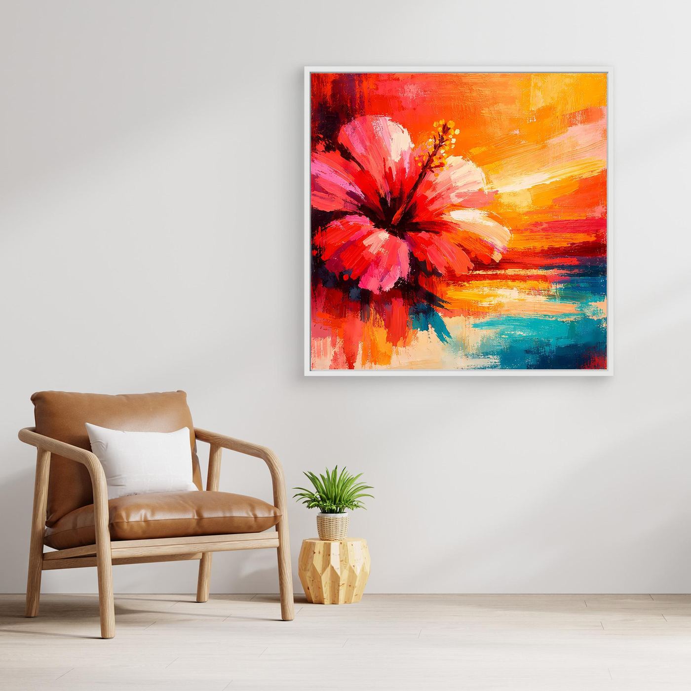 Leinwand Abstraktes Hibiskusblütenbild am Meer | Modernes Küsten Wandbild Bunt