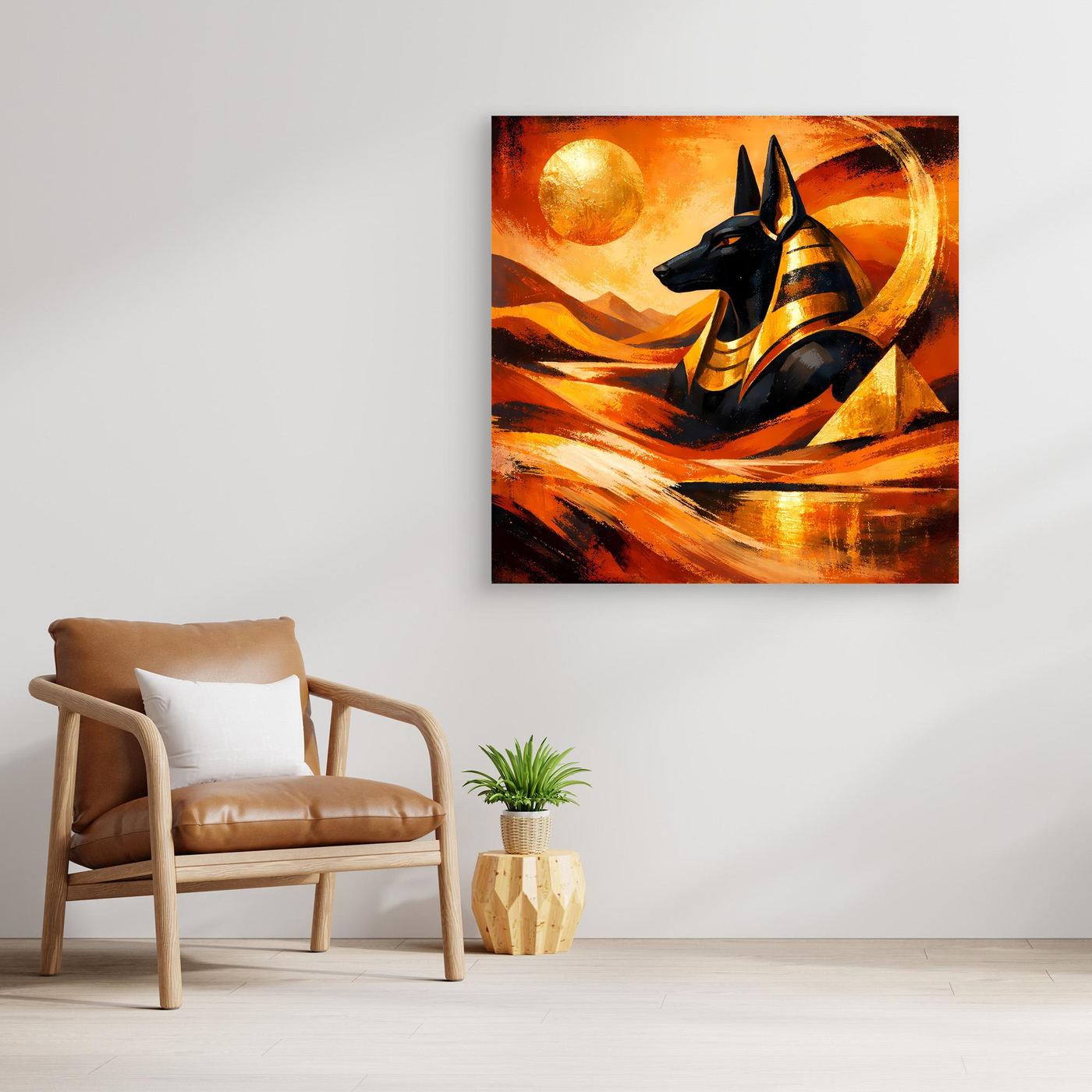 Gerahmtes Leinwandbild mit abstraktem Anubis-Schakalkopf, warmen Gold- und Orangeflächen