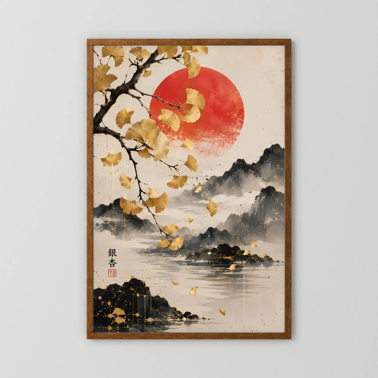 Hochformatiges Poster mit Ginkgo-Ast, großer roter Sonne und Berglandschaft mit Spiegelung im See