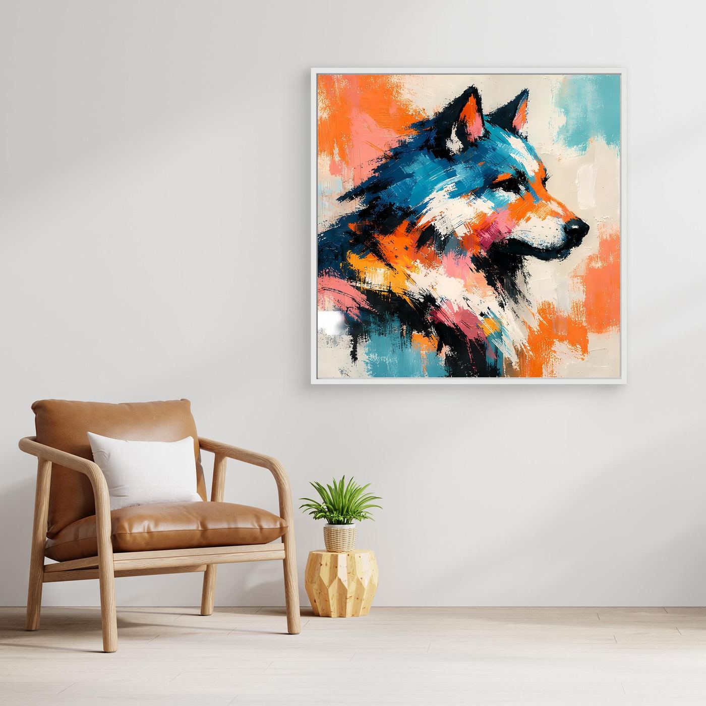 Leinwandbild mit abstraktem Wolf im Pop-Art-Stil im türkisfarbenen Rahmen, farbenfrohes Blau-Orange-Motiv