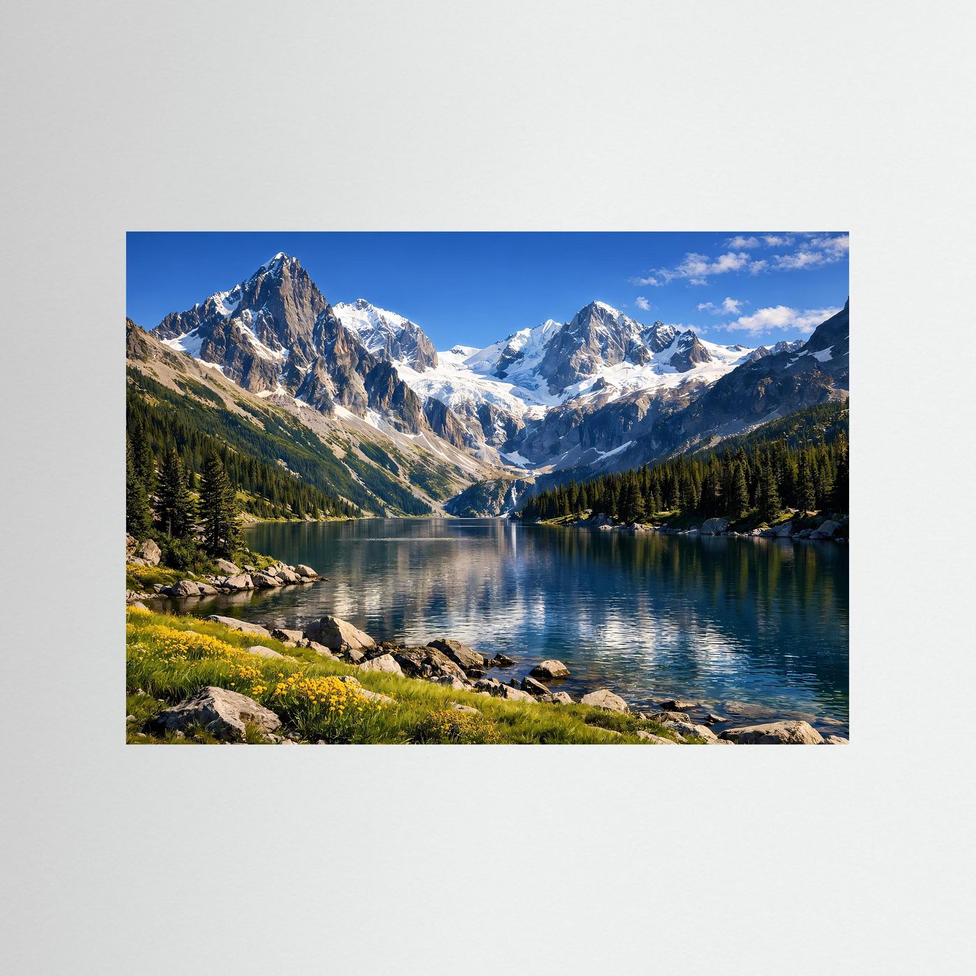 Panorama-Poster mit Alpengebirge und Spiegelsee im Querformat