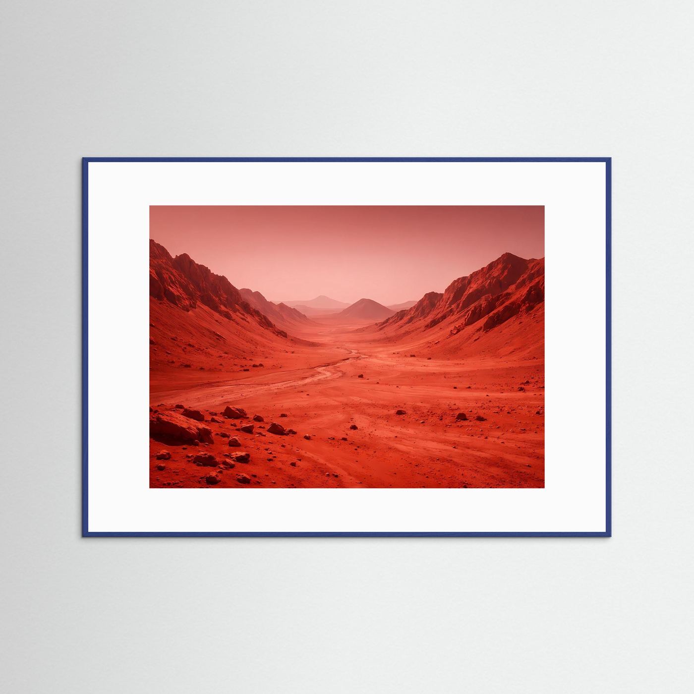 Querformatposter mit Marslandschaft und roten Canyons, blauer Rahmen und weißem Passepartout