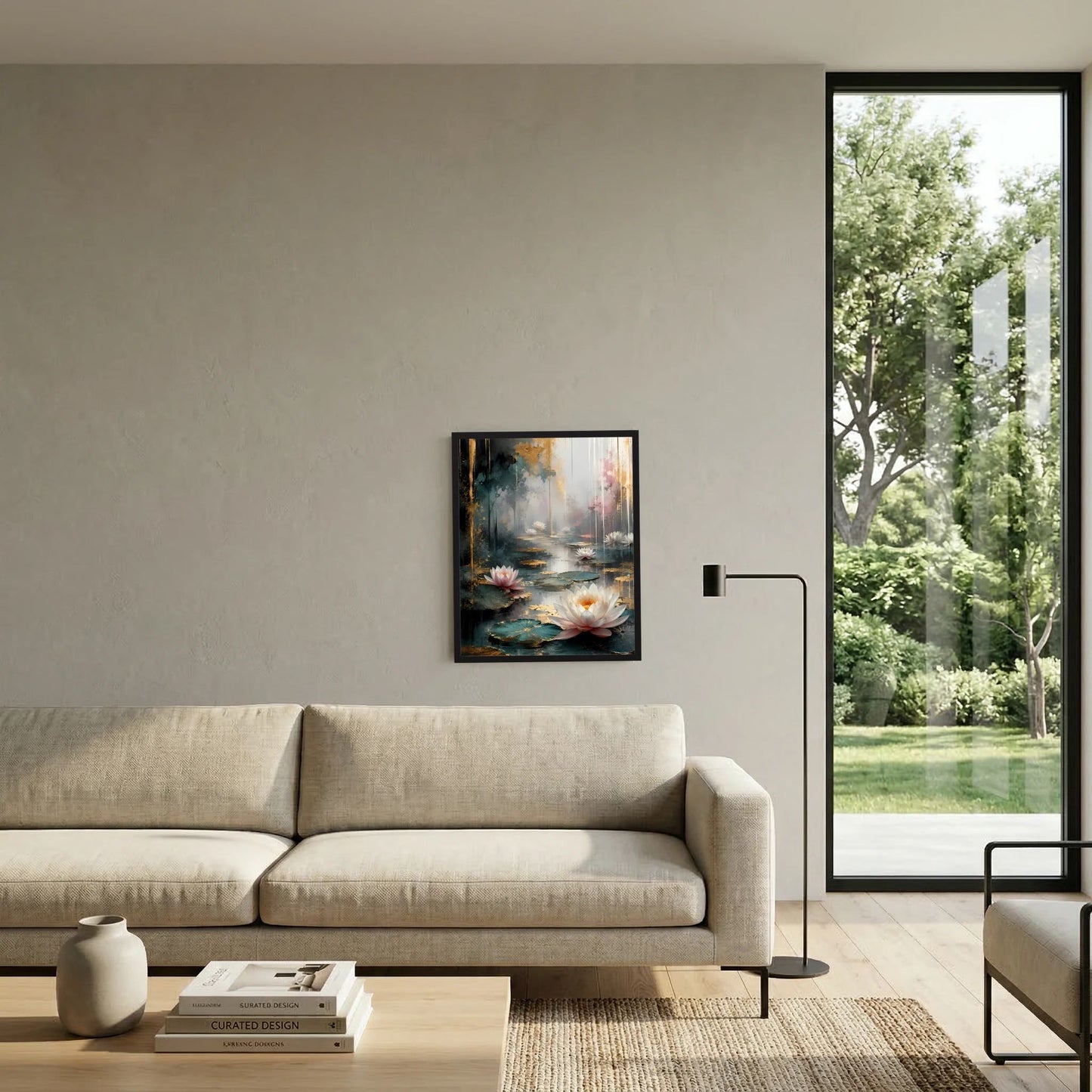 Gerahmtes Poster mit Wasserlilien in Weiß und Rosa im Wohnraum