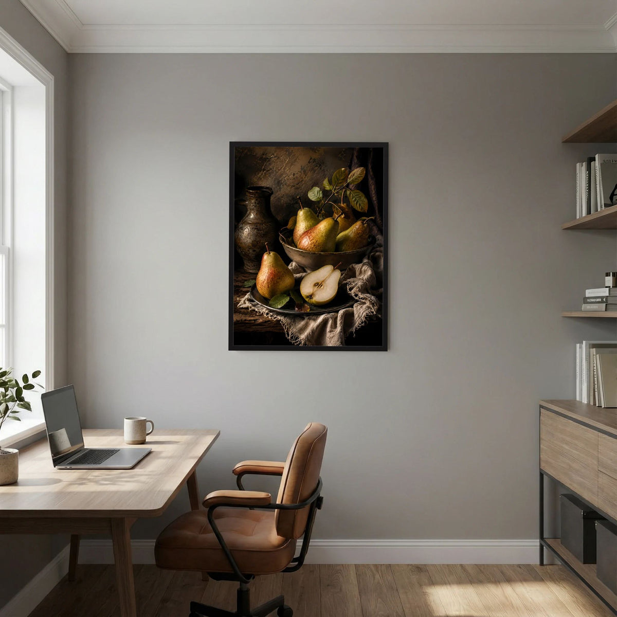 Stillleben-Poster mit Birnen, Schüssel und Vase im schwarzen Rahmen, goldgrüne Akzente