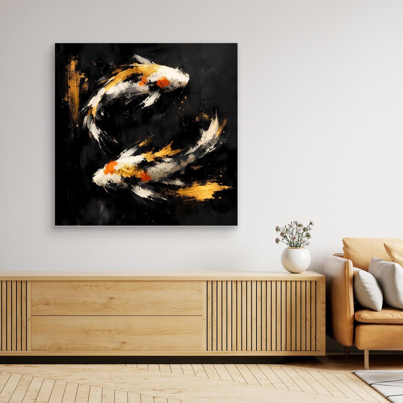 Leinwand Abstrakte Koi-Fische in Gold und Orange | Modernes Yin Yang Wandbild