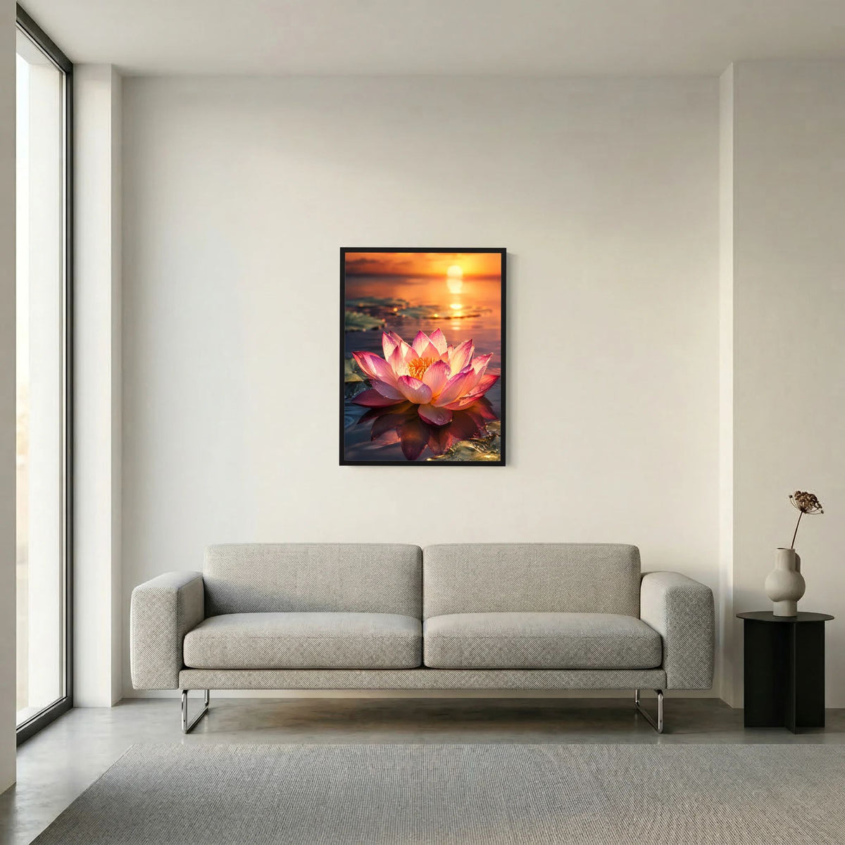 Gerahmtes Wandposter im Hochformat mit rosafarbener Lotusblüte und Abendsonne am Wasser