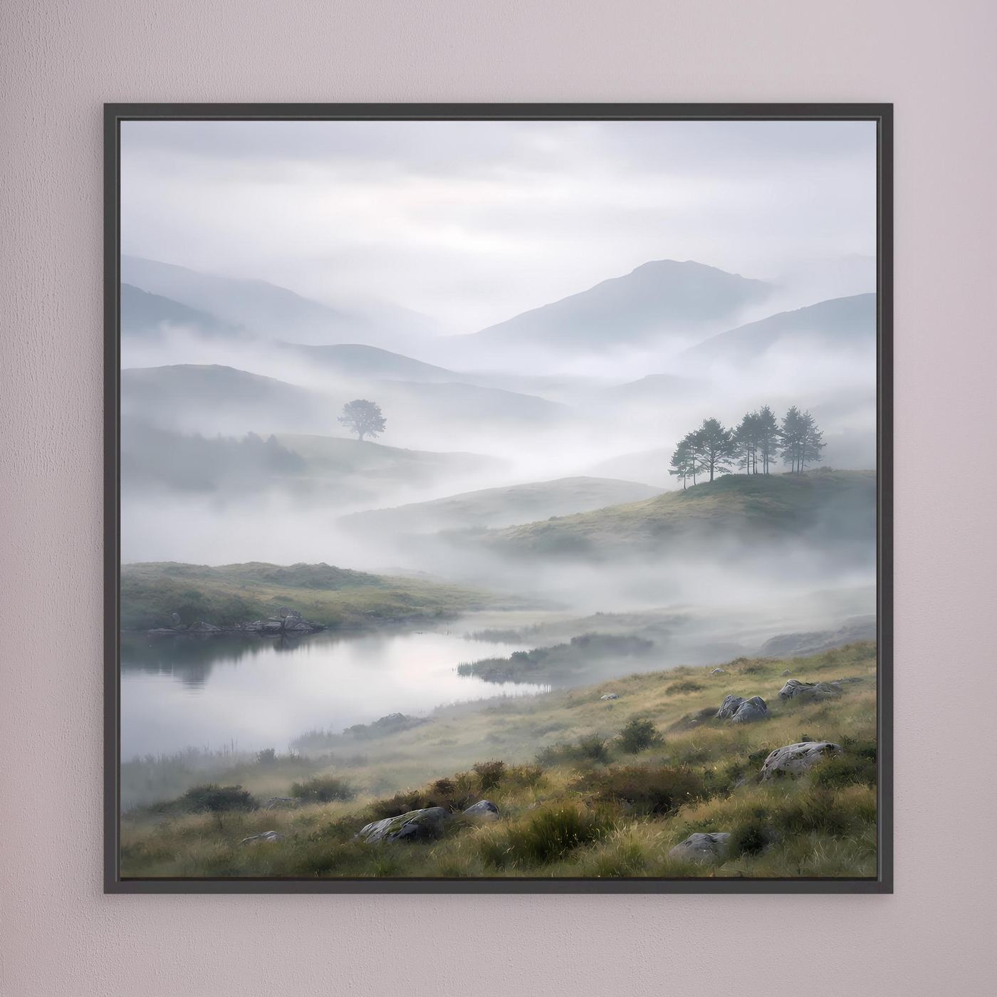Leinwandbild mit Landschaft vom Bergsee im Nebel, schwarzer Rahmen