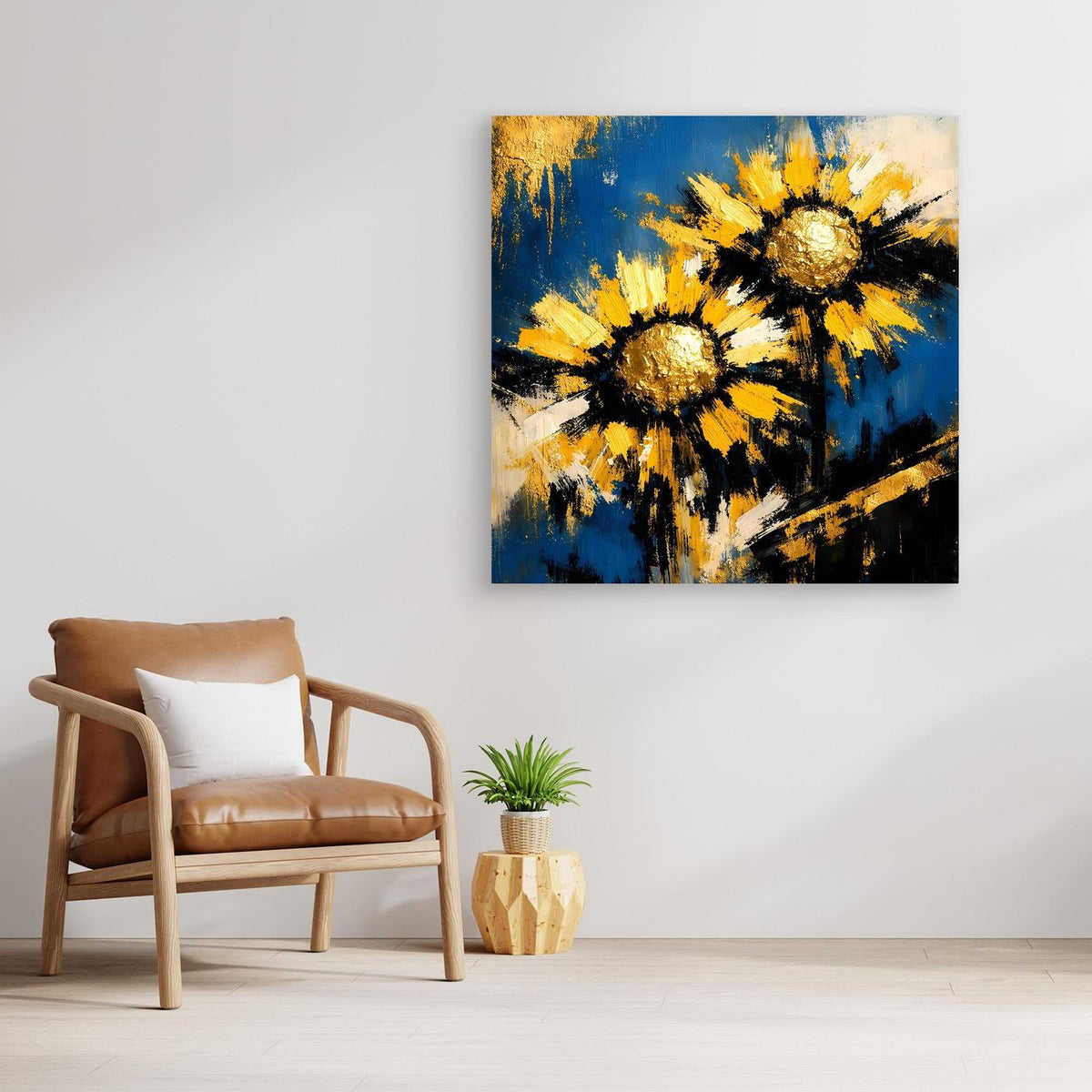 Leinwand-Wandbild mit abstrakten Sonnenblumen in Blau und Gelb mit goldfarbenen Akzenten