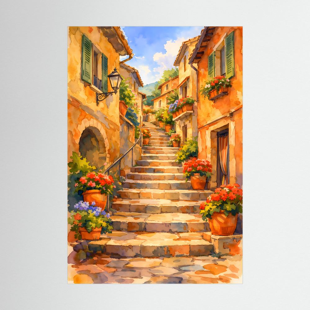 Hochformat-Wandposter mit Treppengasse und Blumen in Tontöpfen