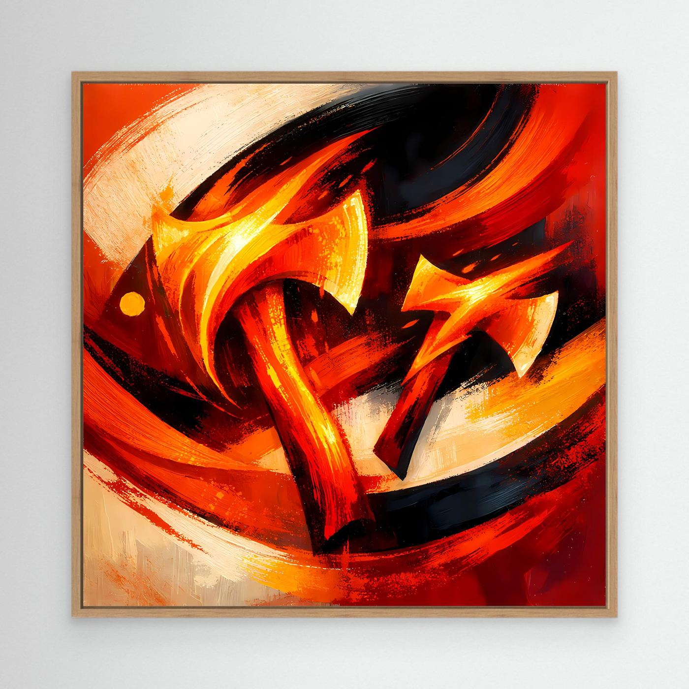 Abstraktes Leinwandbild mit Feuer-Flammen, gelb-orange Axt, schwarz-rote Pinselstriche, Eichenrahmen