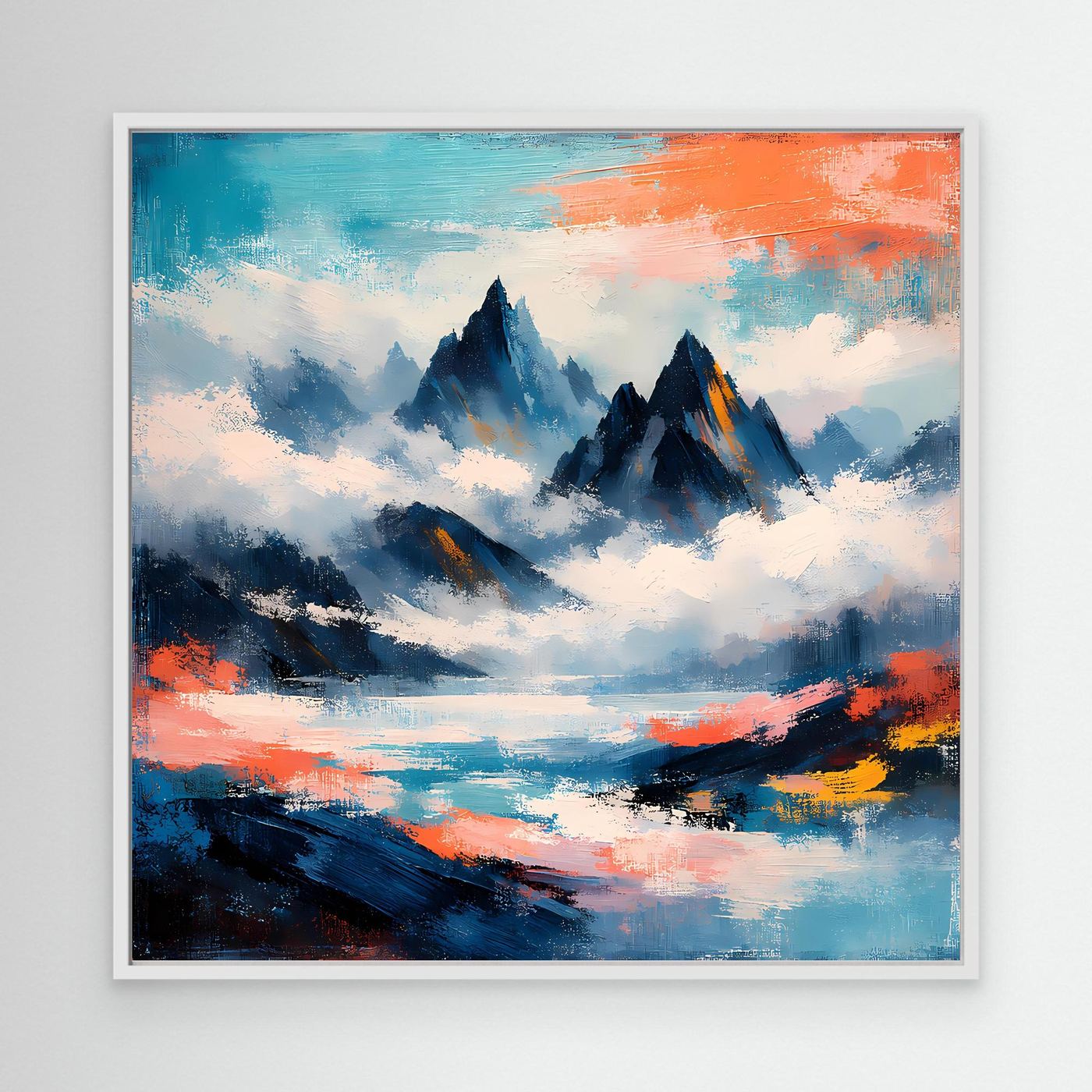 Wandbild mit abstrakten Berggipfeln im Nebelmeer, blau-orangefarbene Pinselstruktur, weißer Rahmen