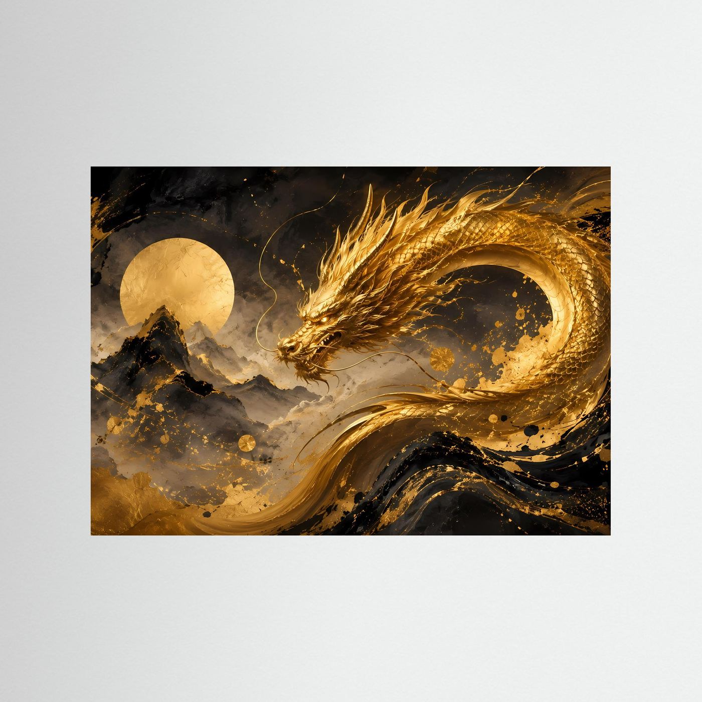 Querformat-Poster mit goldenem Drachen über Berglandschaft, schwarz-goldenes Kunstmotiv