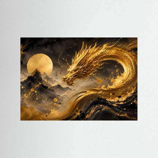 Querformat-Poster mit goldenem Drachen über Berglandschaft, schwarz-goldenes Kunstmotiv