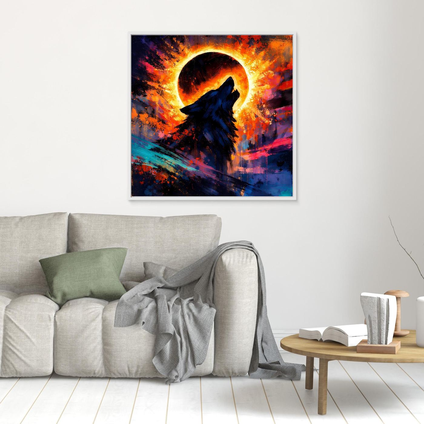 Wandbild mit Wolfssilhouette im Sonnenfinsternis-Kreisbogen, blau-orange Kontraste, brauner Rahmen