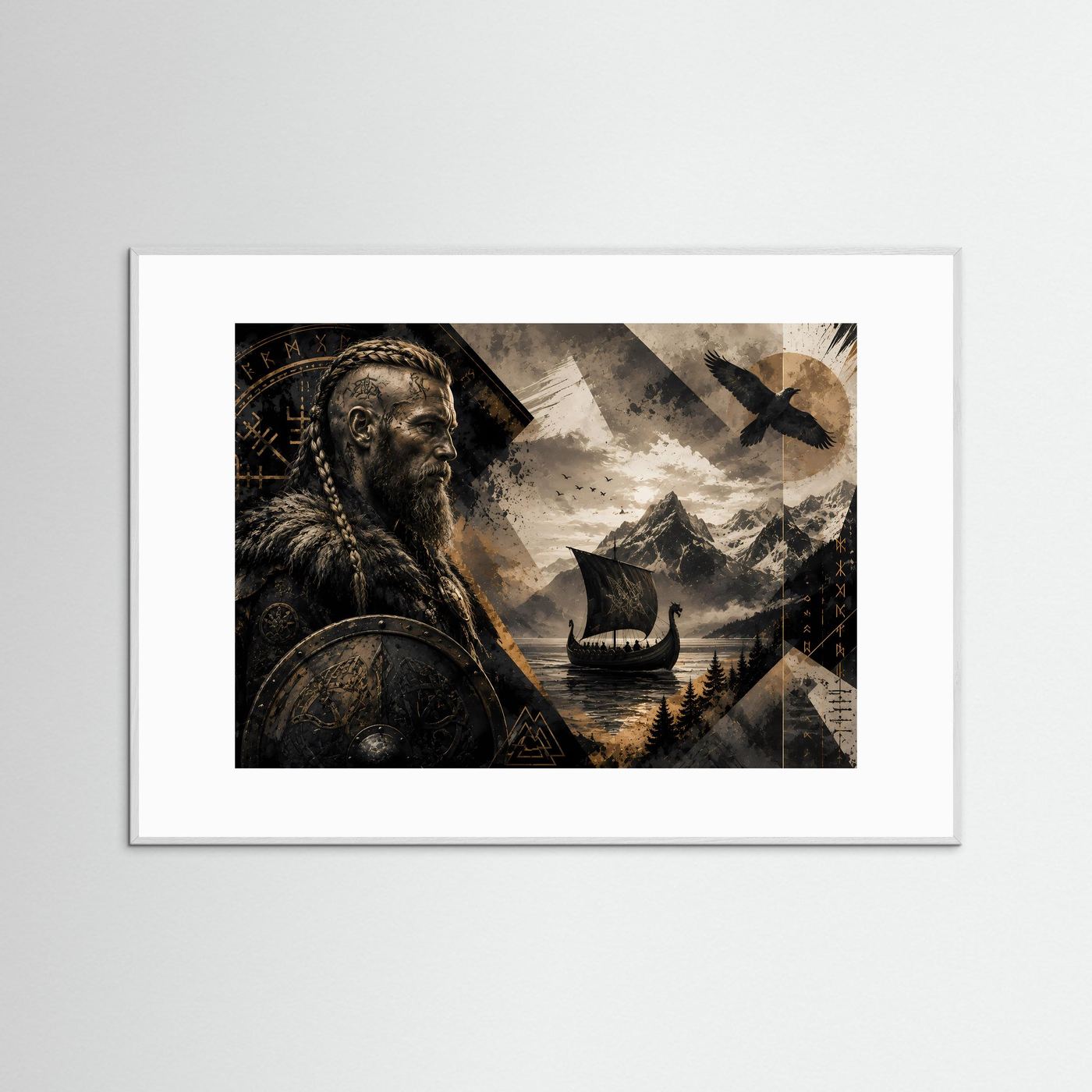 Poster im weißen Passepartout, Querformat: Wikingerkrieger mit Langschiff und Rabe in Schwarz-Gold.