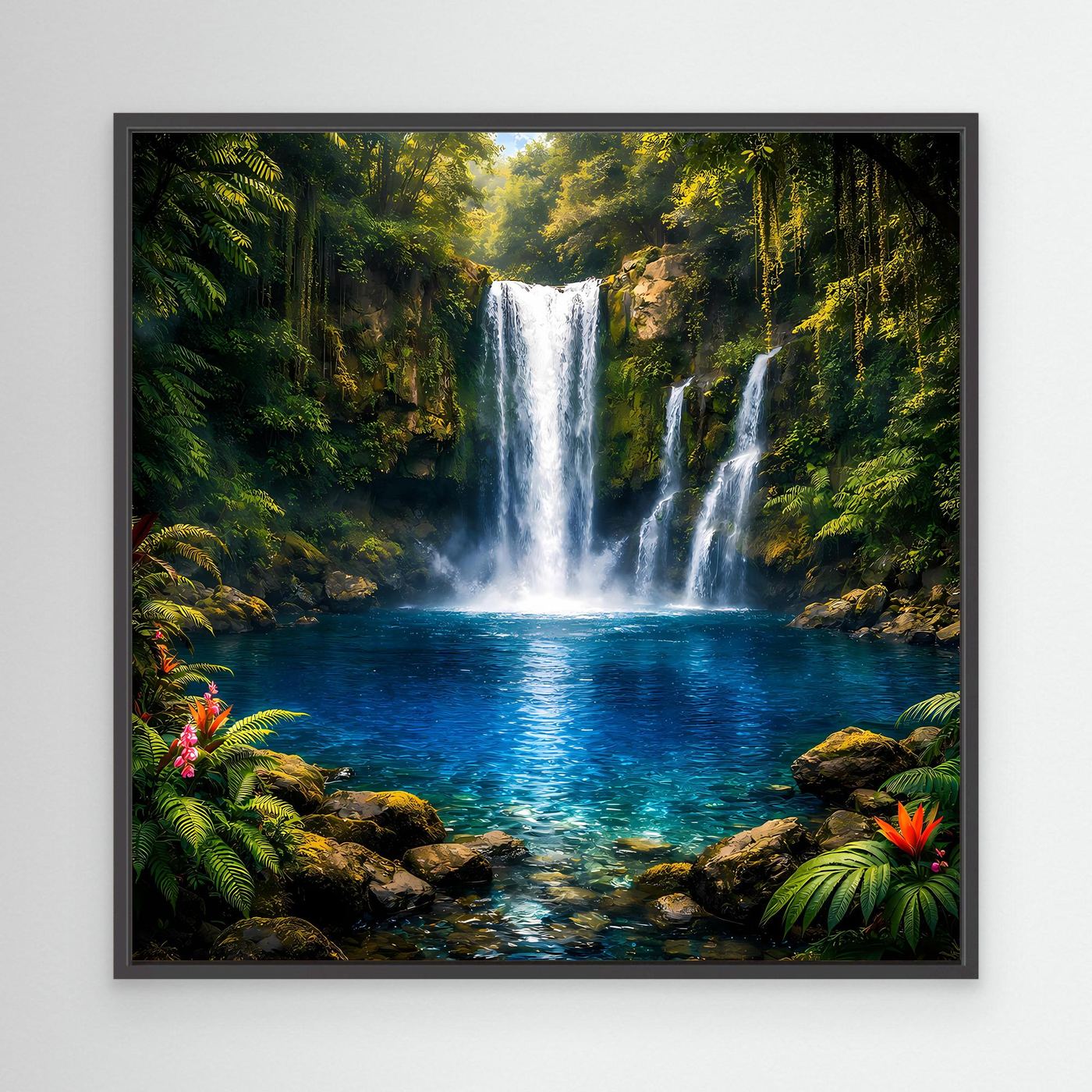 Leinwandbild mit tropischem Wasserfall im Dschungel im schwarzen Rahmen