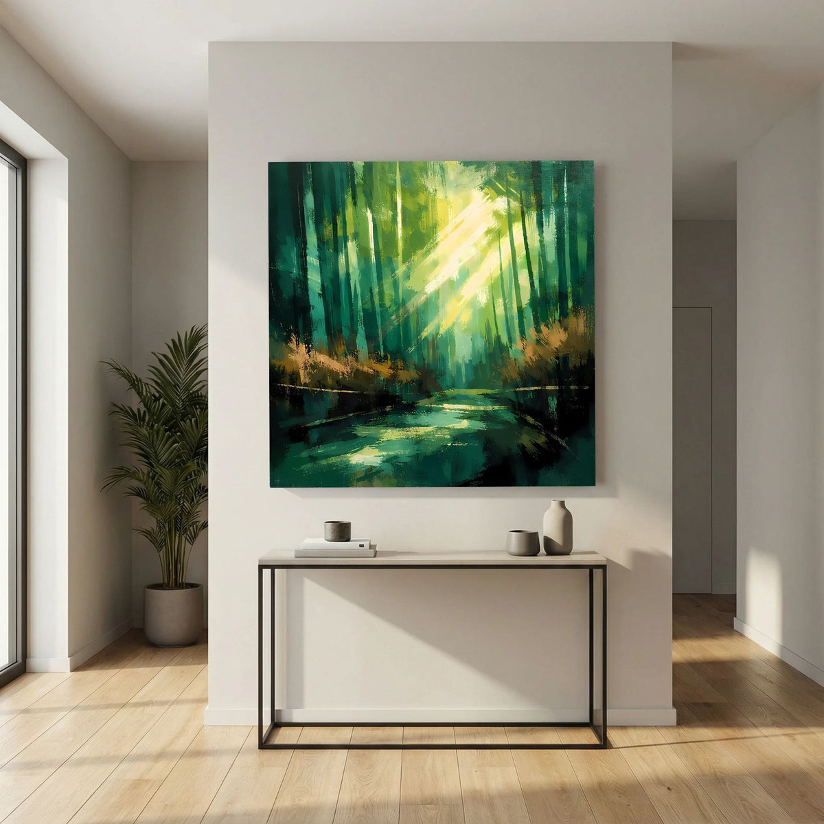 Abstraktes Wald-Lichtmotiv auf Leinwand: grüne Baumreihen, goldgelbe Sonne, dunkle Wasserfläche