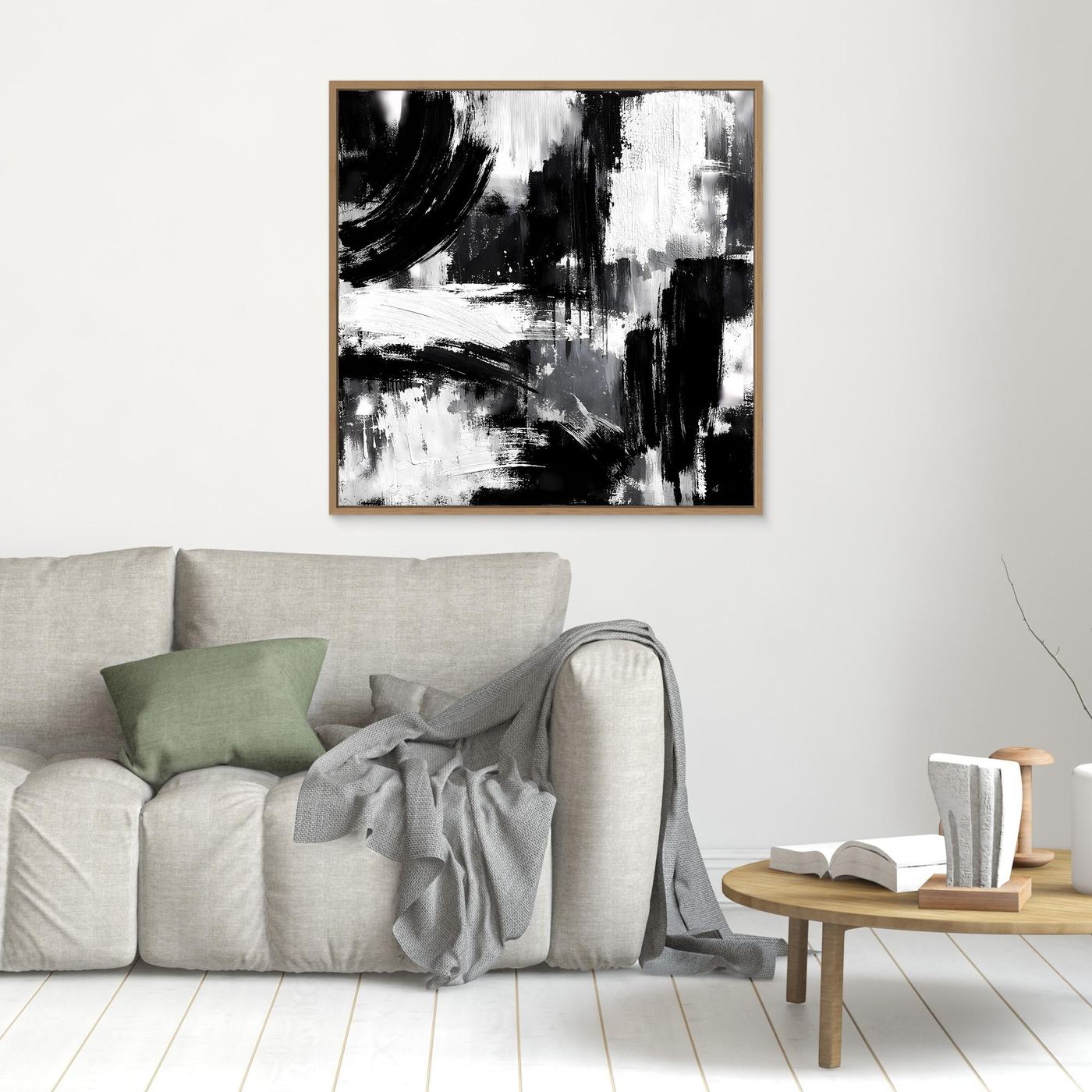 Framed abstract black-and-white canvas with vertical paint streaks and block shapes