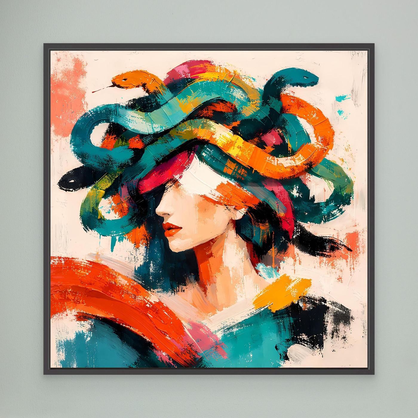 Wandbild mit Medusenmotiv im abstrakten Pop-Art-Stil, farbige Pinselstriche, schwarzer Rahmen