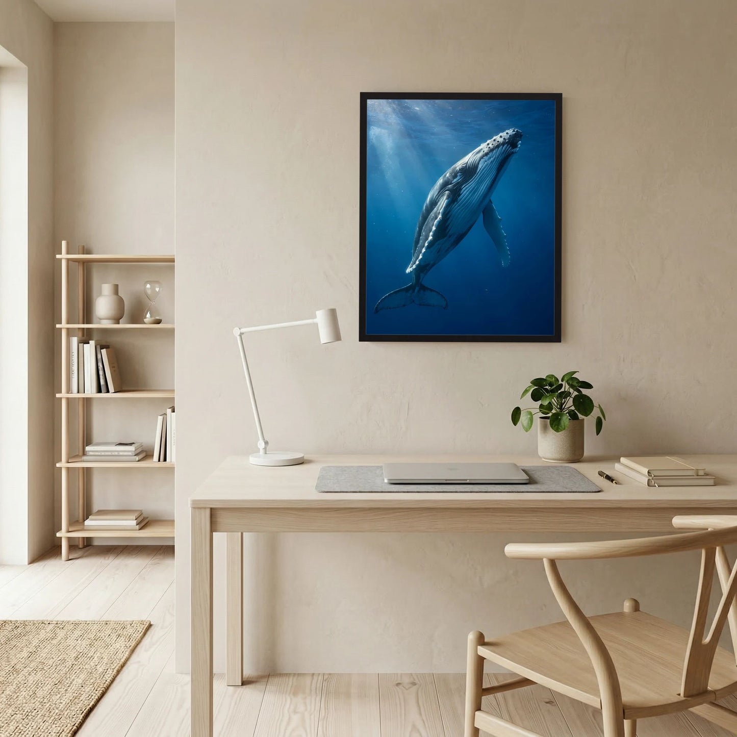 Wandposter mit Buckelwal unter Wasser, schwarz gerahmt