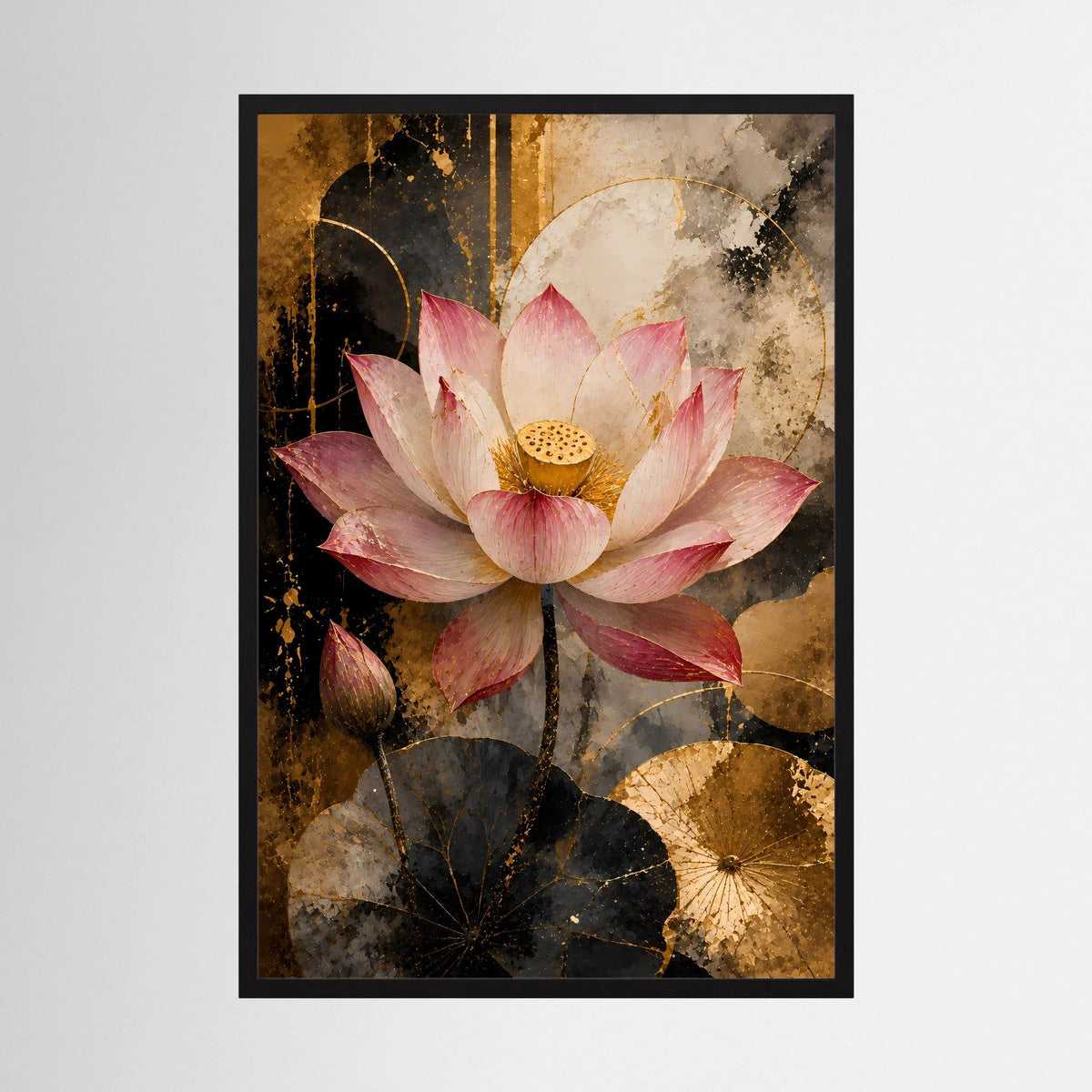Rosa Lotusblüte in Gold & Schwarz | Elegante florale Kunst | Poster Hochformat